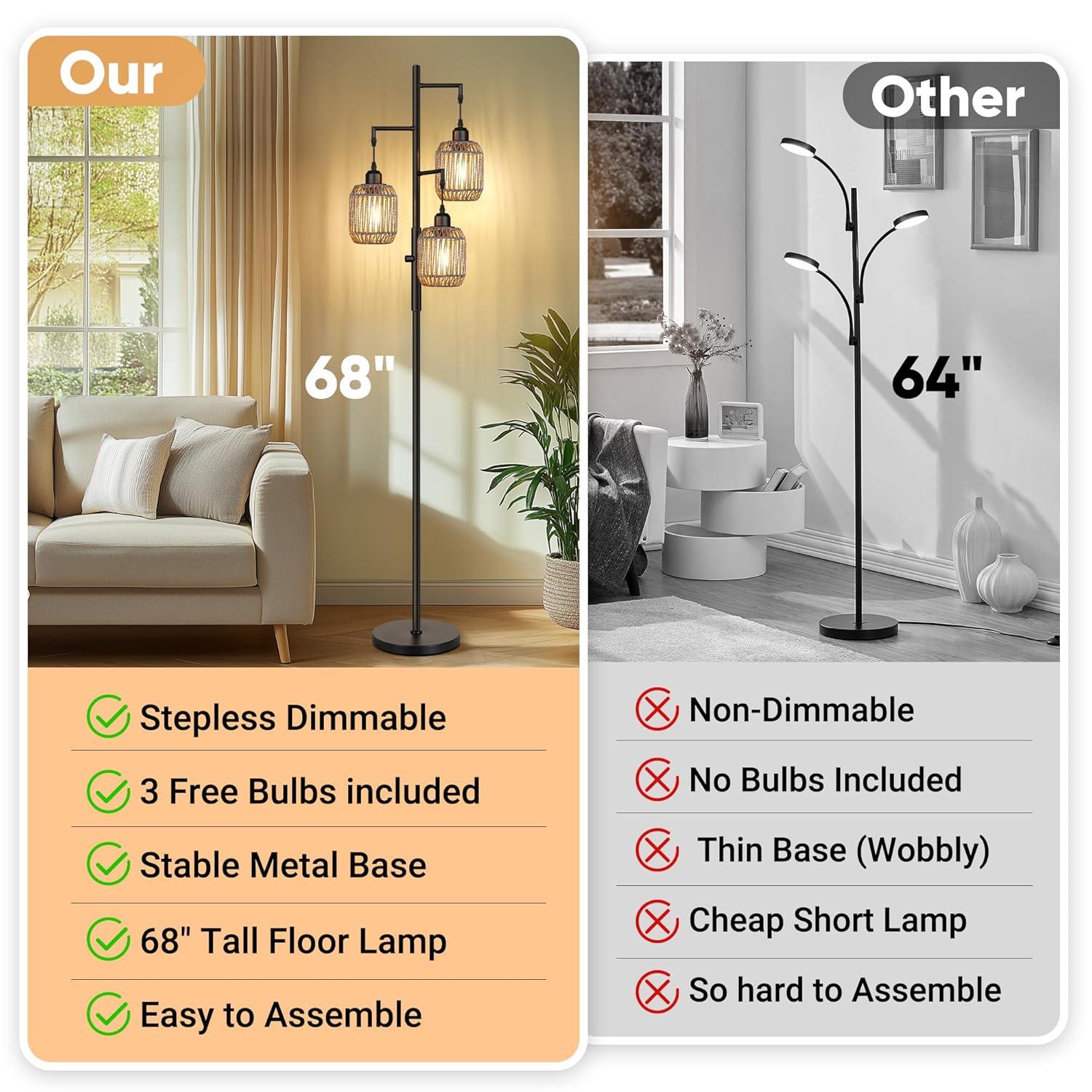 ROTTOGOON Dimmable Boho Floor Lamp - 3 Light Farmhouse Rattan Floor Lamp for Living Room, Industrial Tree Floor Lamps with 3 X 6W LED Bulbs, Rustic Standing Tall Lamp for Bedroom, 68", Black + Gray
