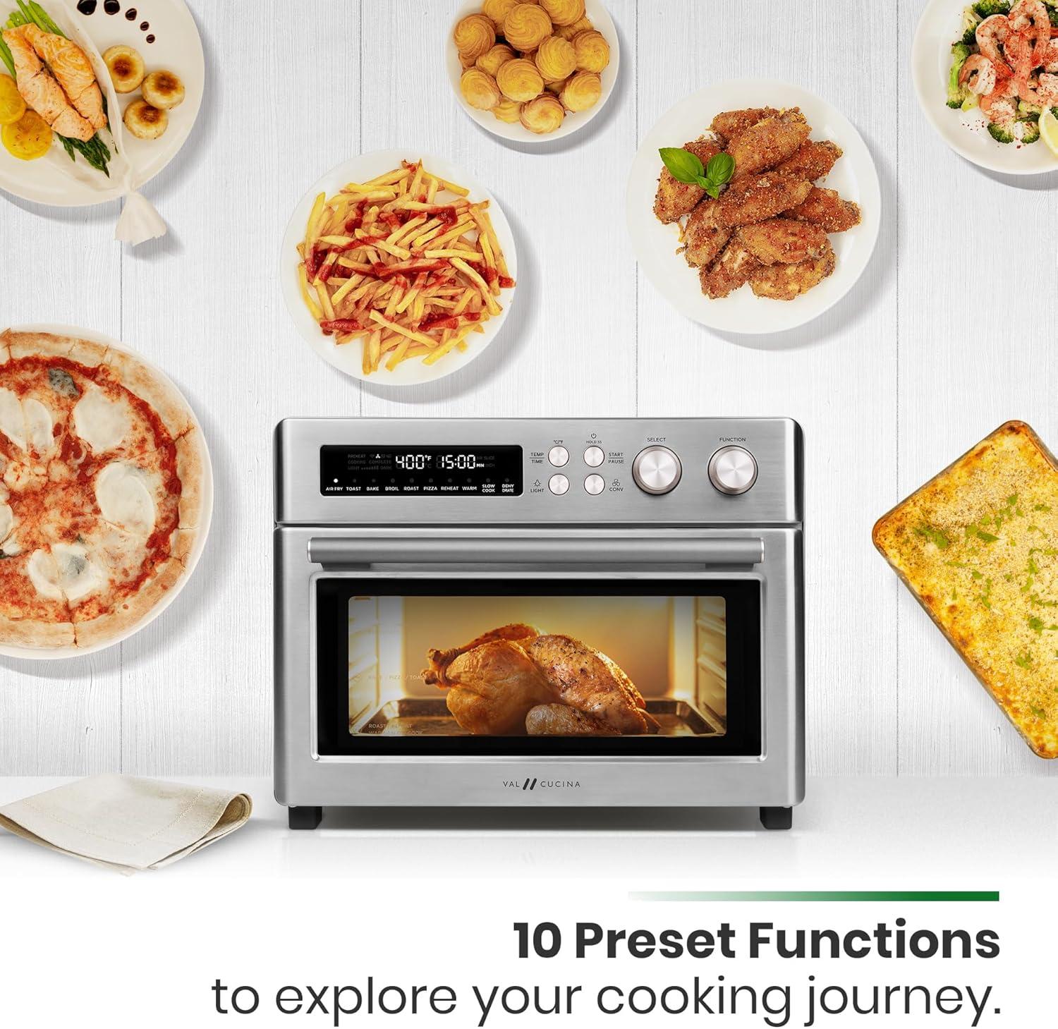 VAL CUCINA Infrared Heating Air Fryer Toaster Oven, Extra Large Countertop Convection Oven 10-in-1 Combo, 6-Slice Toast, Enamel Baking Pan Easy Clean with Recipe Book, Brushed Stainless Steel Finish