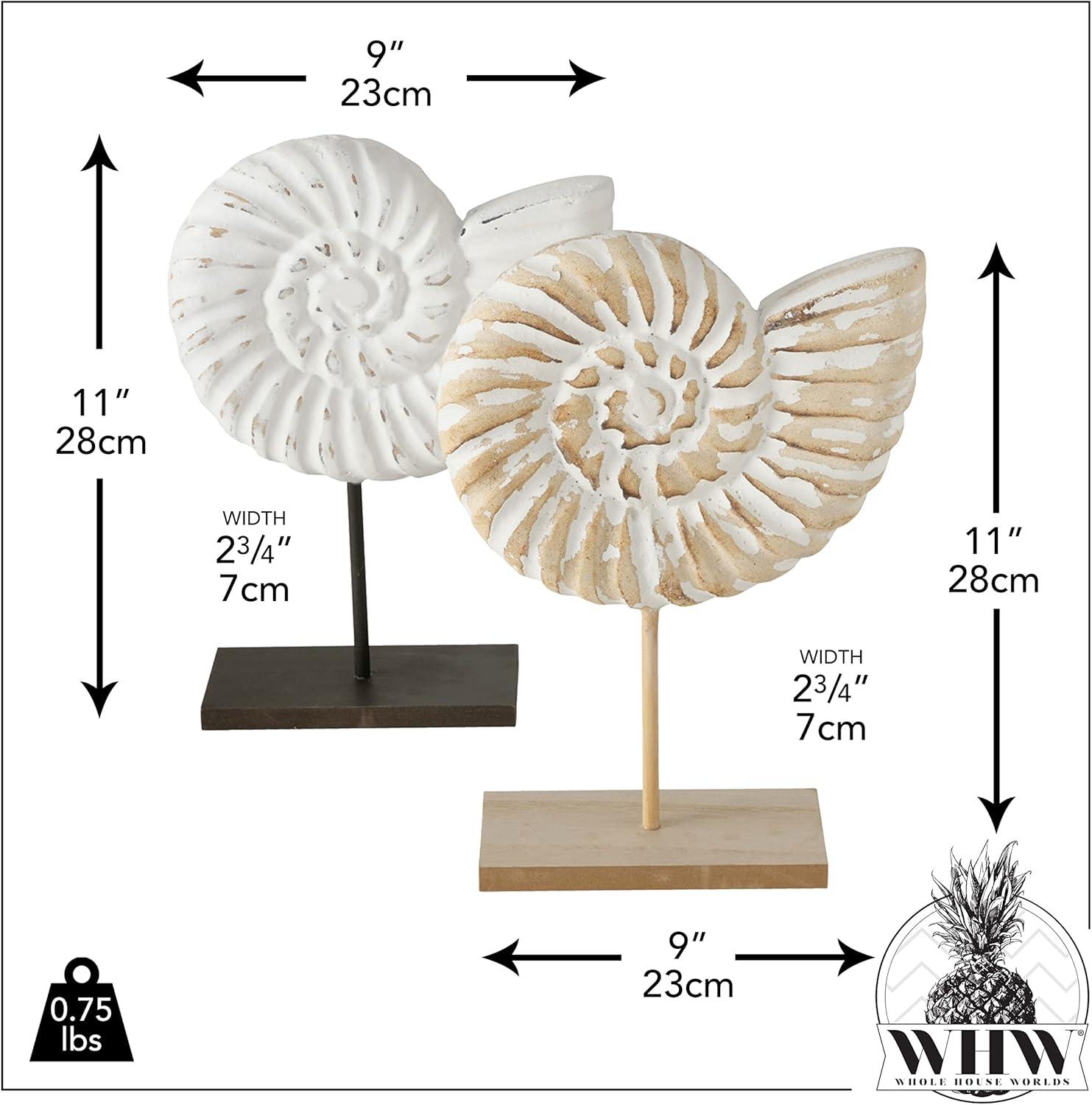 Hand Carved White and Natural Nautilus Shell Sculptures with MDF Wood Base
