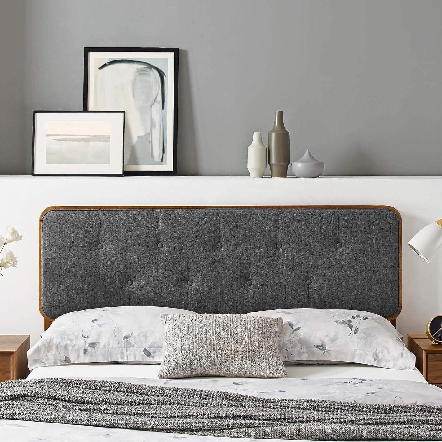 Gray Tufted Upholstered Full Headboard with Rubberwood Frame