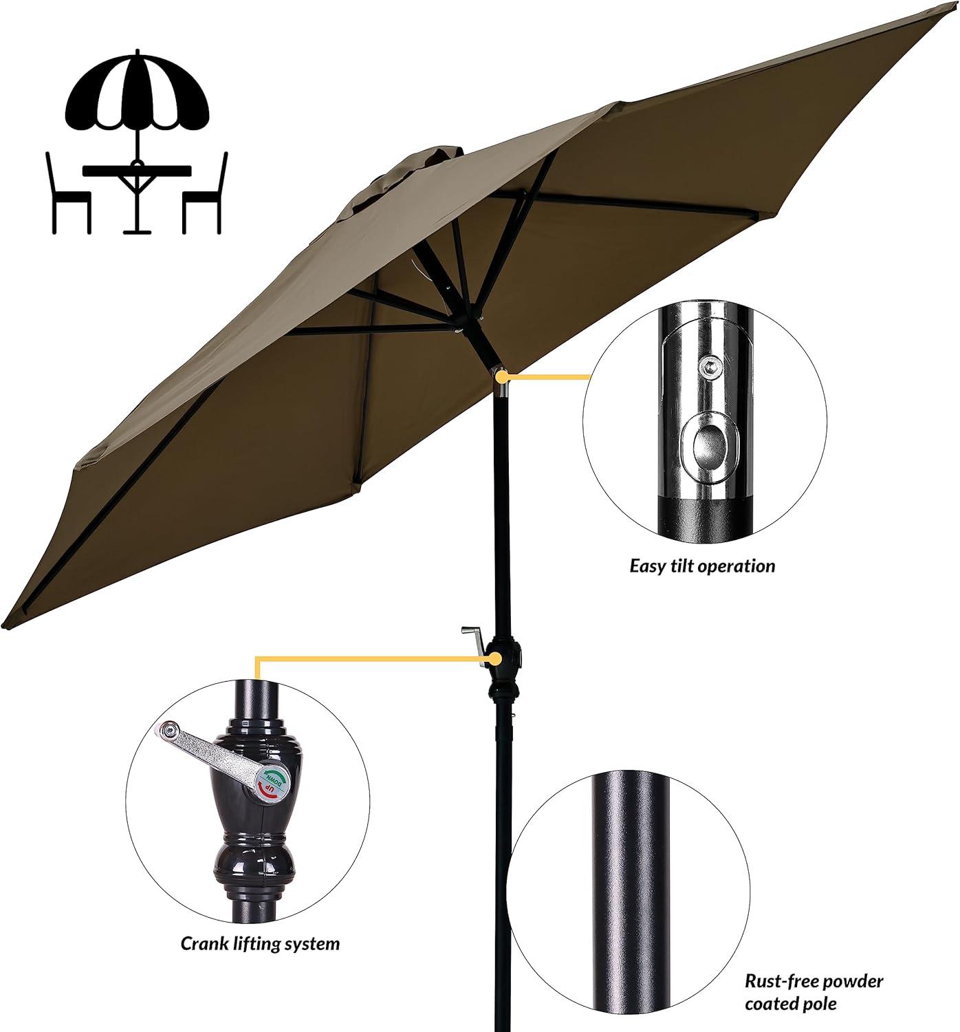 Elevon 9' Outdoor Patio Umbrella, Market Striped Umbrella with Push Button Tilt and Crank, Beige