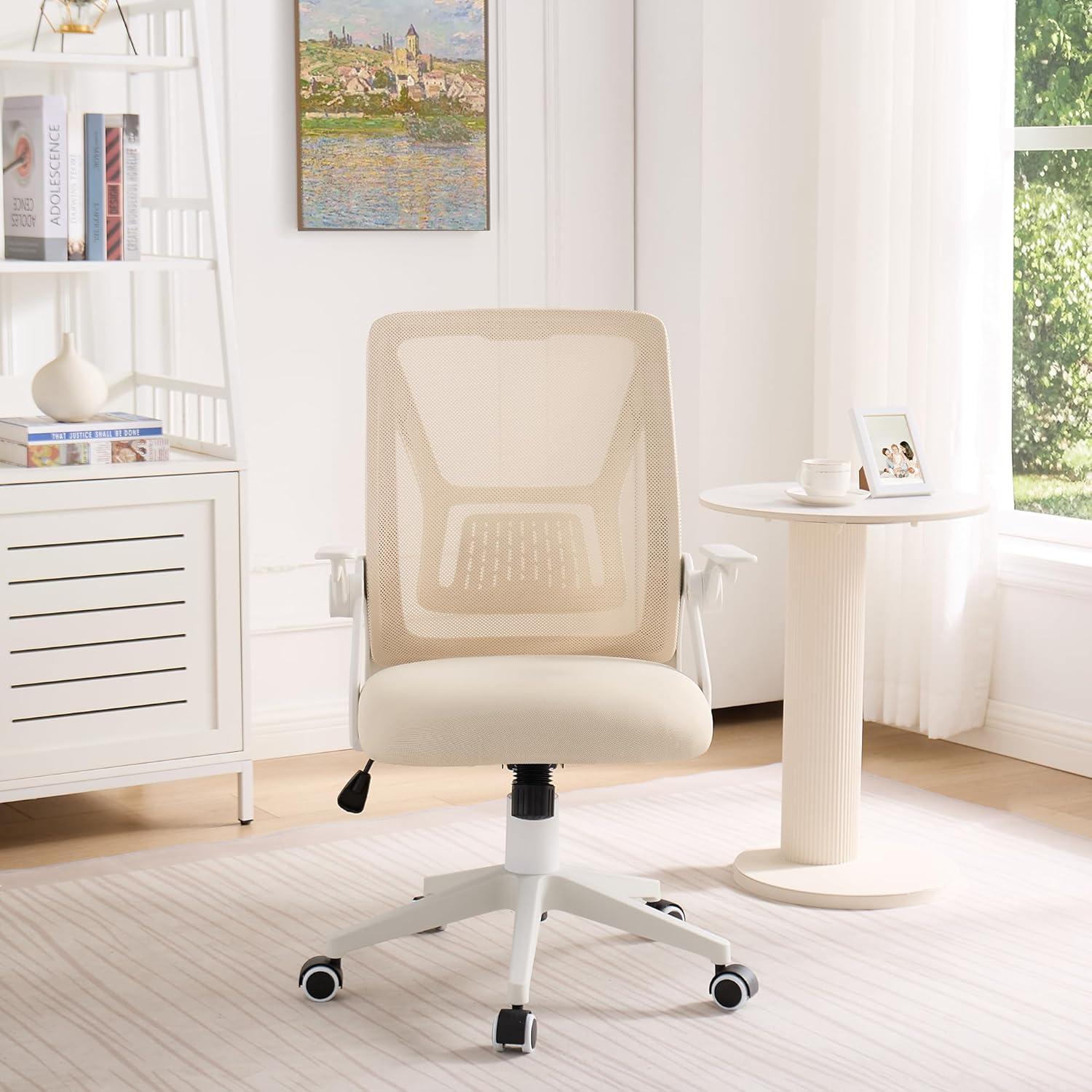 VECELO Mesh Office Chair, Mid-Back Swivel Adjustable Ergonomic Home Office Chair with Lumbar Support and Flip-up Arms, Beige