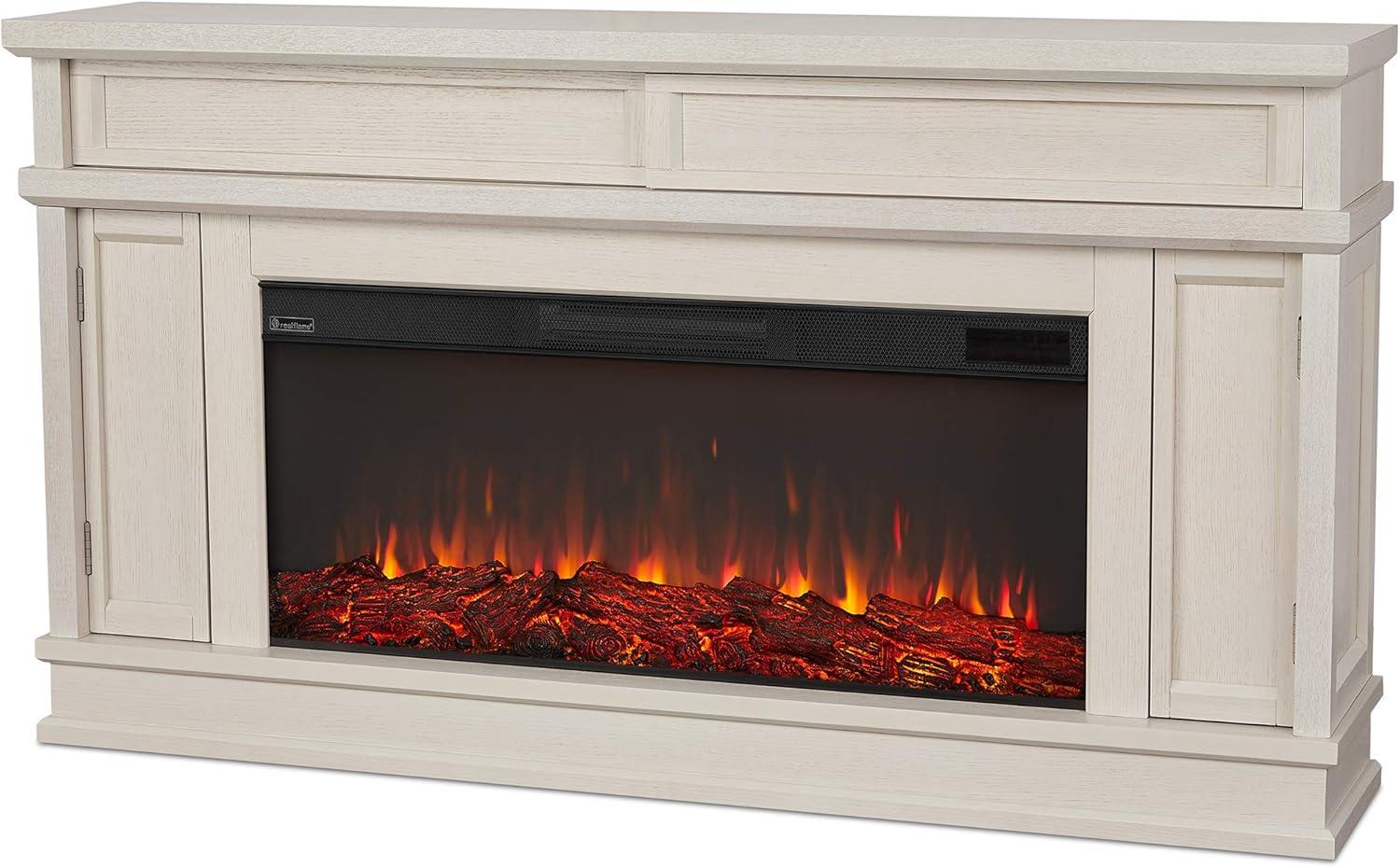 Bone White Electric Fireplace TV Stand with Cabinet