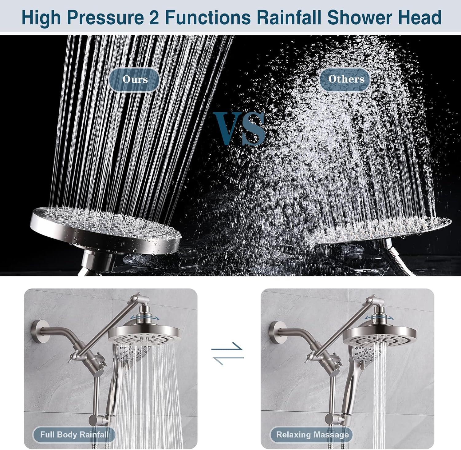 BRIGHT SHOWERS Rain Shower Head with Handheld Spray Built-in Power Wash, High Pressure Dual Shower Head with Adjustable Extension Arm, 3-Way Diverter, 9-Mode Handheld, 69” Long Hose, Brushed Nickel