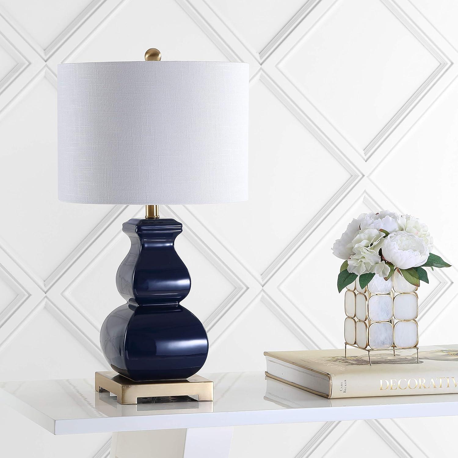 Navy and Gold Ceramic LED Table Lamp with Linen Shade