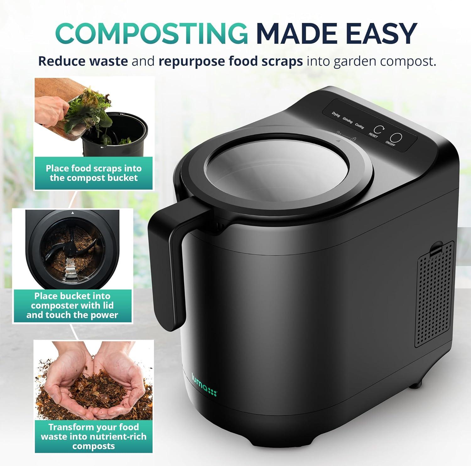 Luma Electric Kitchen Composter 2.5L Capacity Odorless Countertop Compost Bin, Lid Clear-View Window