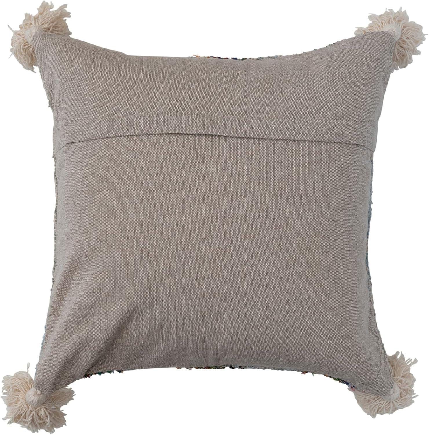 Multicolor Cotton Embroidered Square Pillow with Tassels