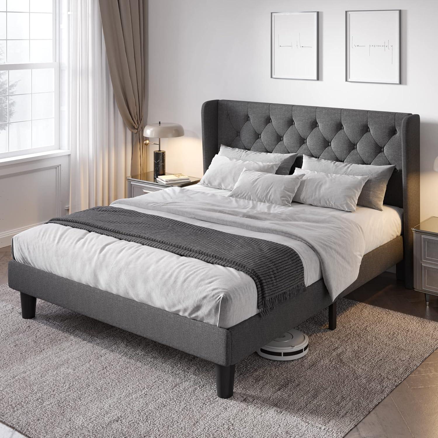 Dark Grey Full Size Upholstered Bed Frame with Tufted Headboard