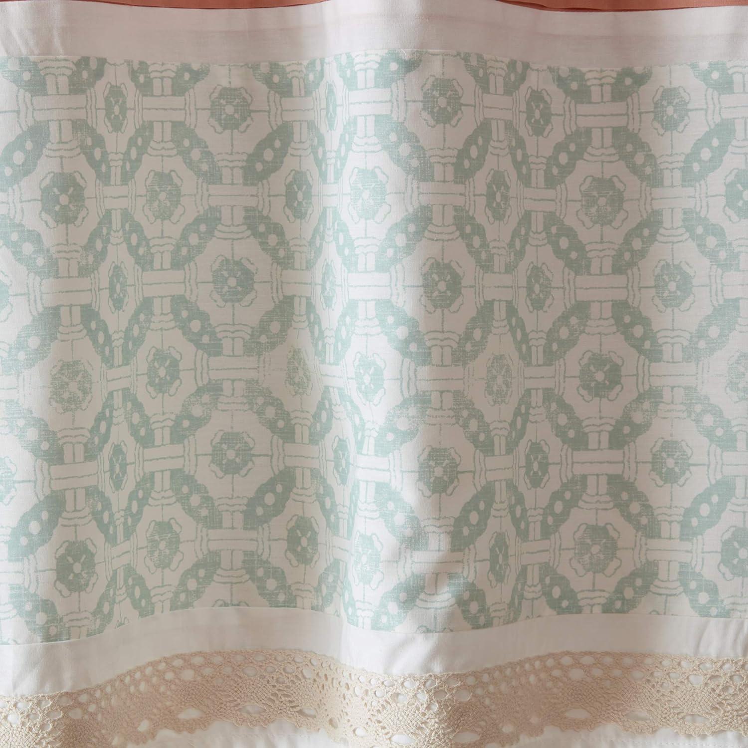 Paisley Aqua and White Cotton Rod Pocket Valance