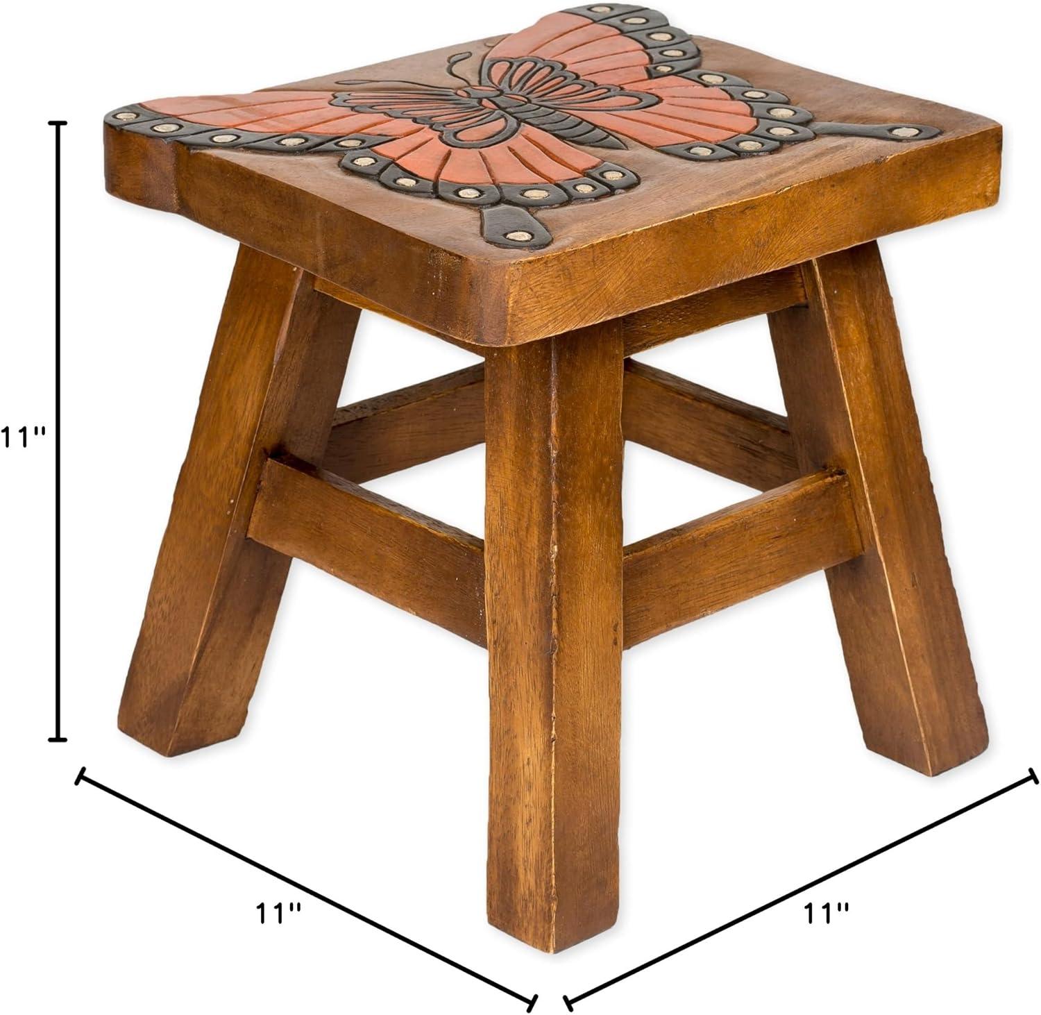 Monarch Butterfly Hand Carved Acacia Hardwood Decorative Short Stool