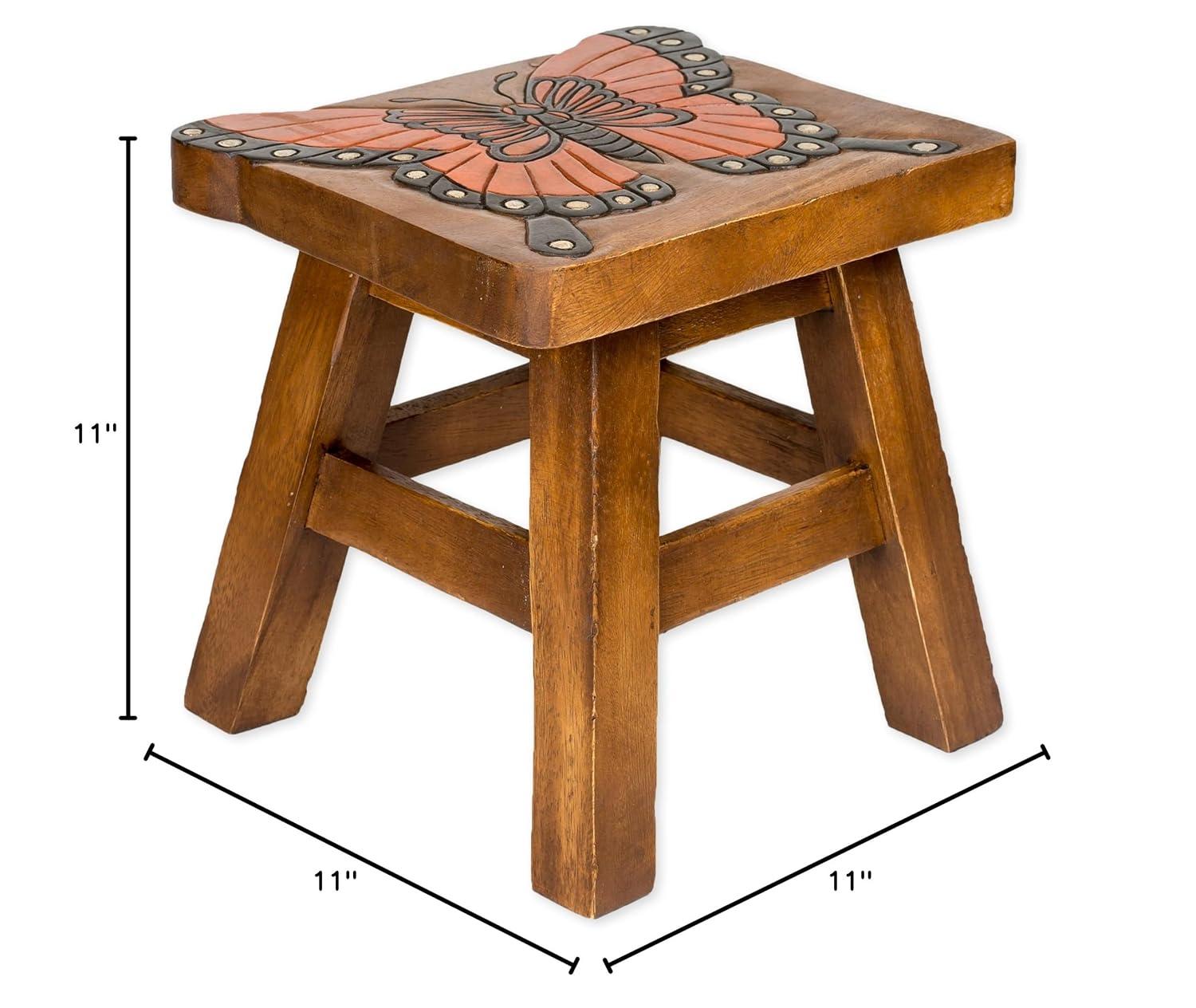 Monarch Butterfly Hand Carved Acacia Hardwood Decorative Short Stool