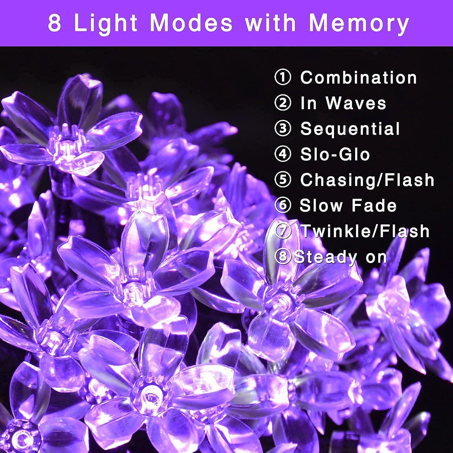 KOMI 2 Pack Purple Solar Flower String Lights, Each 30.6FT 50 LED Solar Powered Christmas Lights Outdoor Waterproof, 8 Modes Solar Halloween Lights for Garden Yard Patio Tree Halloween Decoration