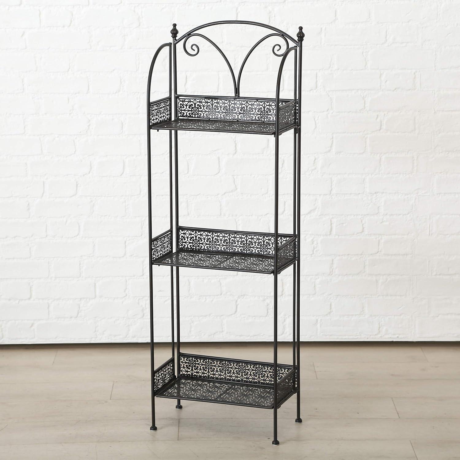 Farmers Favorite 3 Tier Rack, Slim Line Design, Plant Stand, Powder Coated Black Iron, Punched Floral Fold-Out Rimmed Shelves, Final Top Details, 15 3/4 L x 8 3/4 W x 48 H (40 x 122 cm)