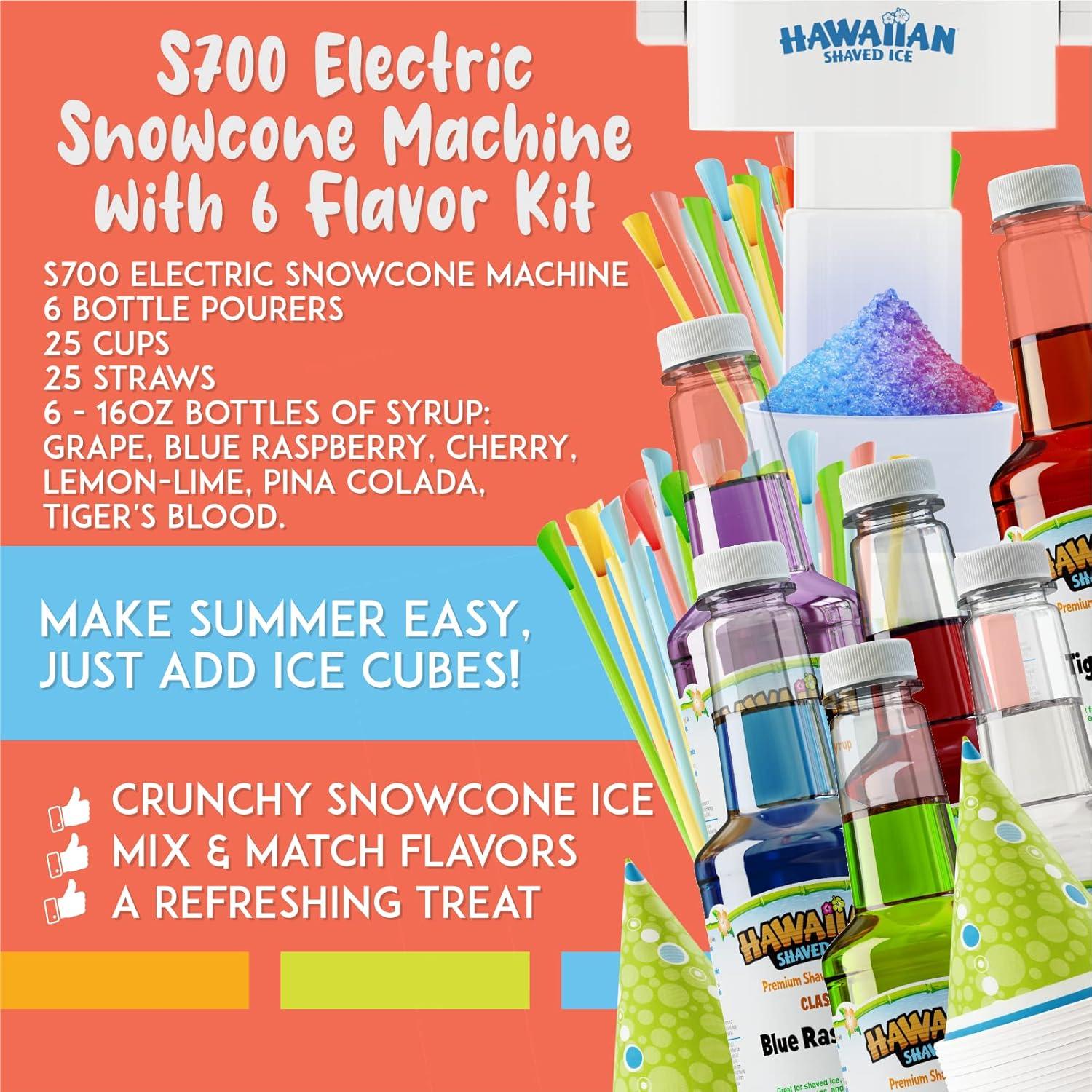 Hawaiian Shaved Ice Electric Home Snow Cone Maker Kit with 6 Flavors and Supplies
