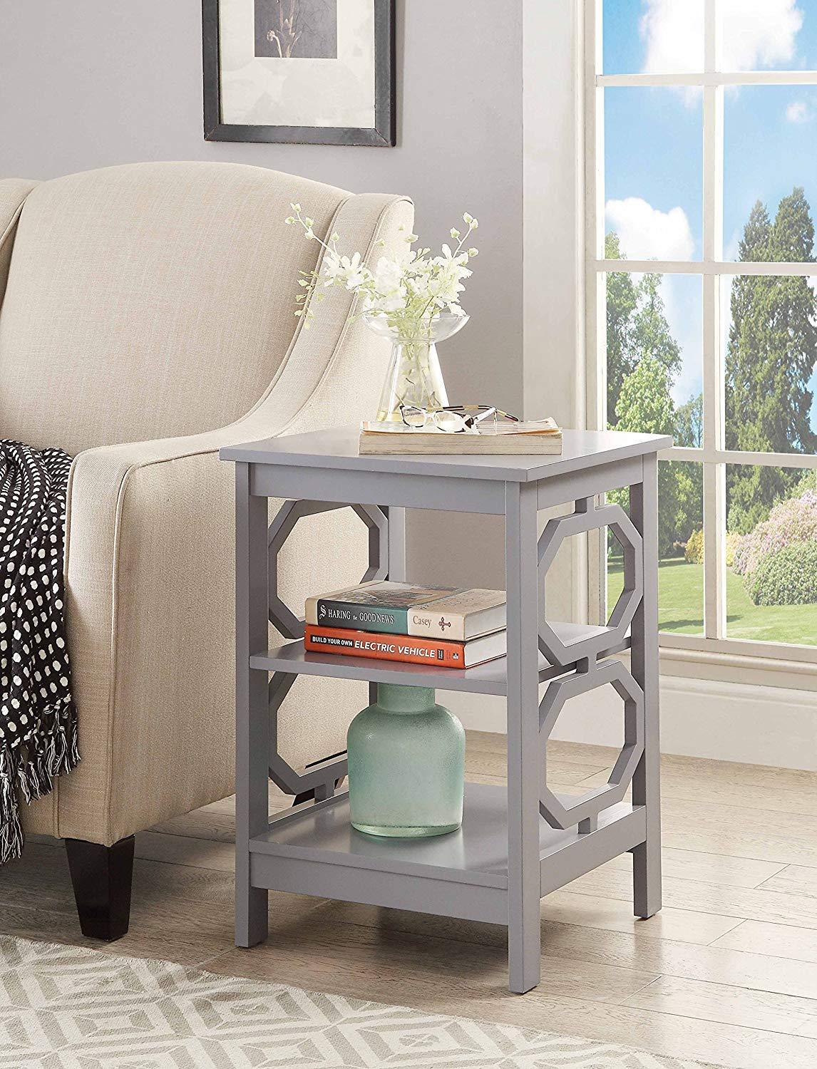 Gray Round Wood End Table with Shelves