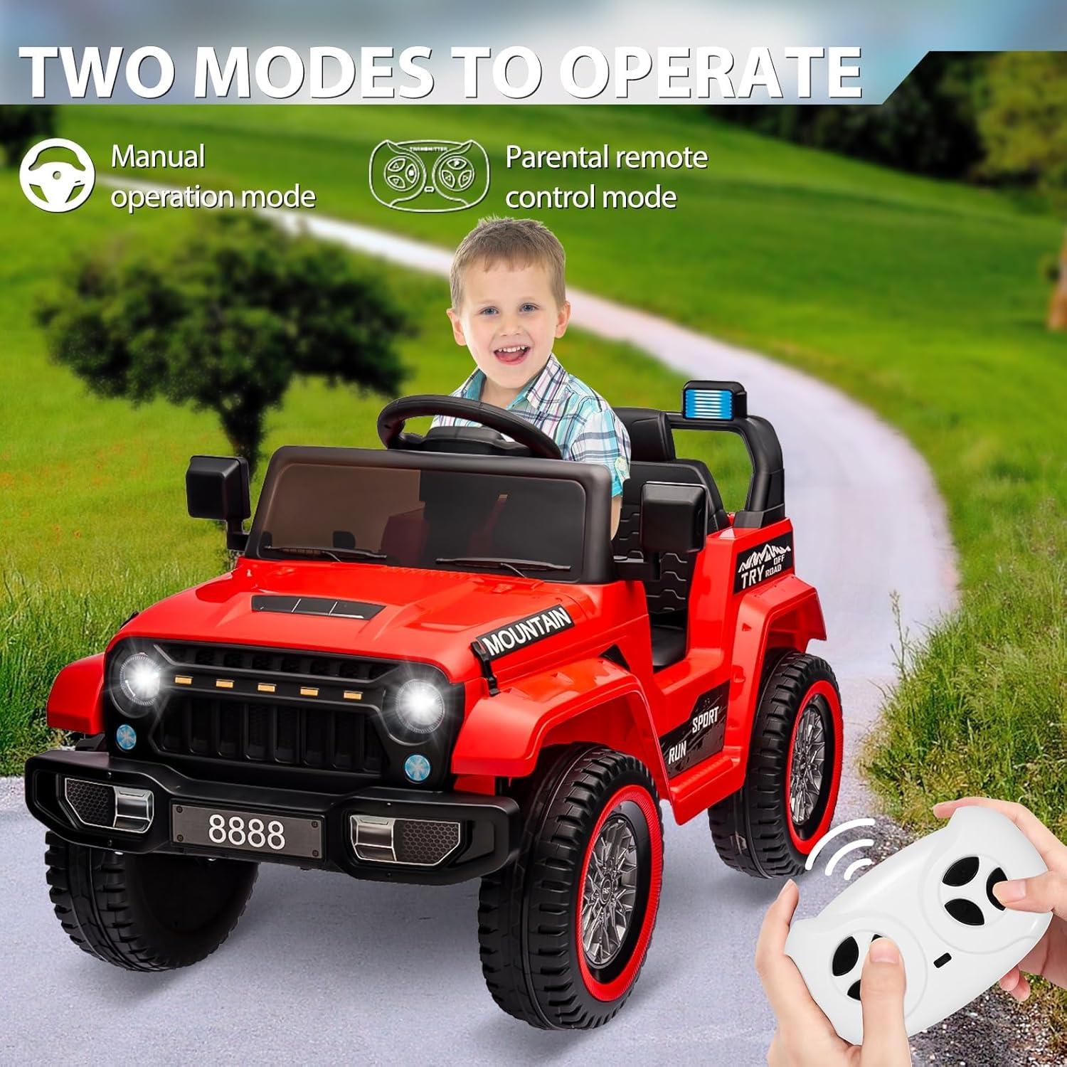 Jojoka Kids Ride On Truck Car, 12V Battery Powered Electric Toys Vehicles with Parent Remote Control, Spring Suspension, 3 Speeds, LED Lights, Music & Horn for Boys & Girls, Red