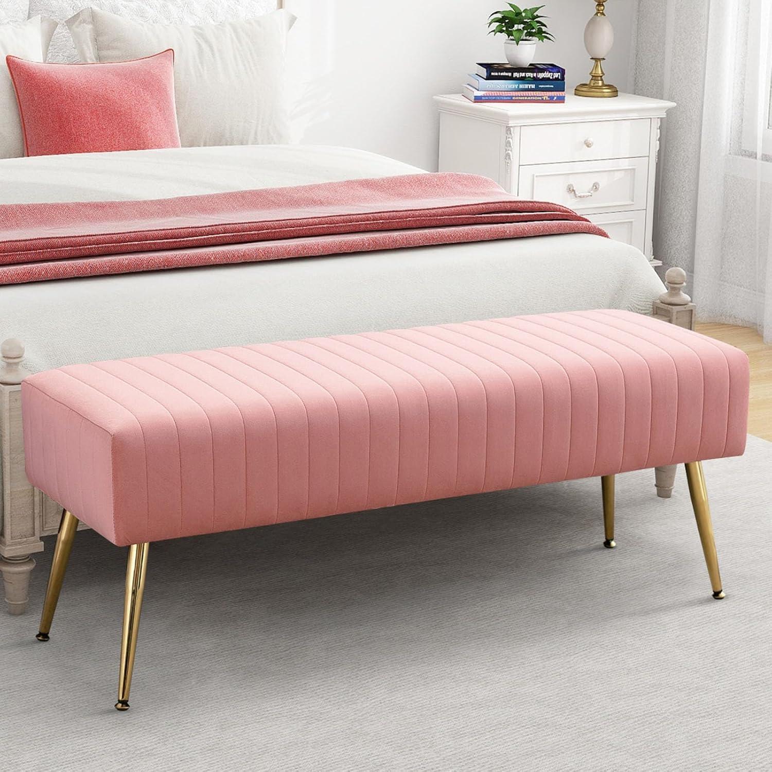 Furniliving Velvet Ottoman Bench  Modern Upholstered Bench  Indoor Entryway  Bench,  Pink