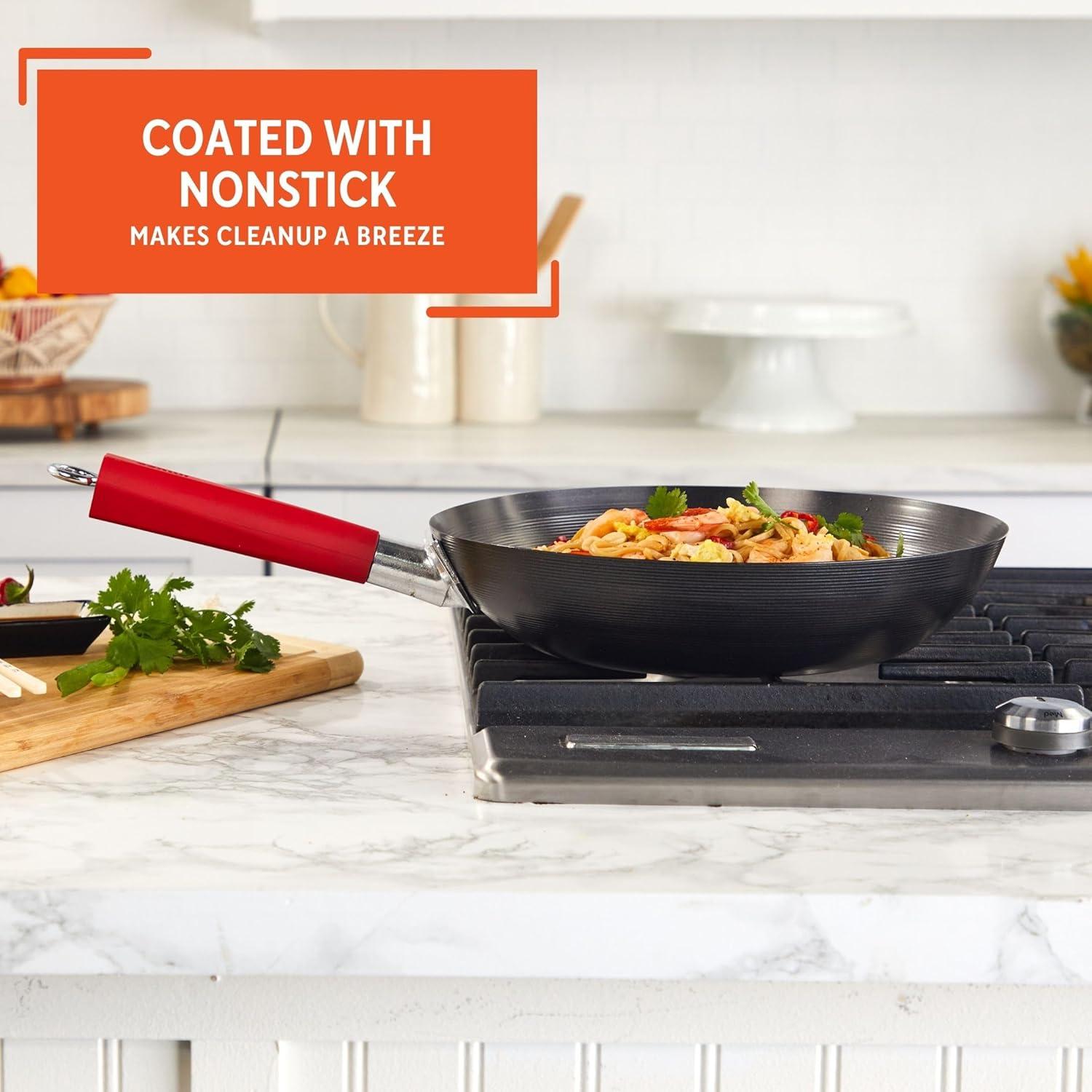 IMUSA 12in Carbon Steel Nonstick Wok with Red Soft Touch Handle, Black
