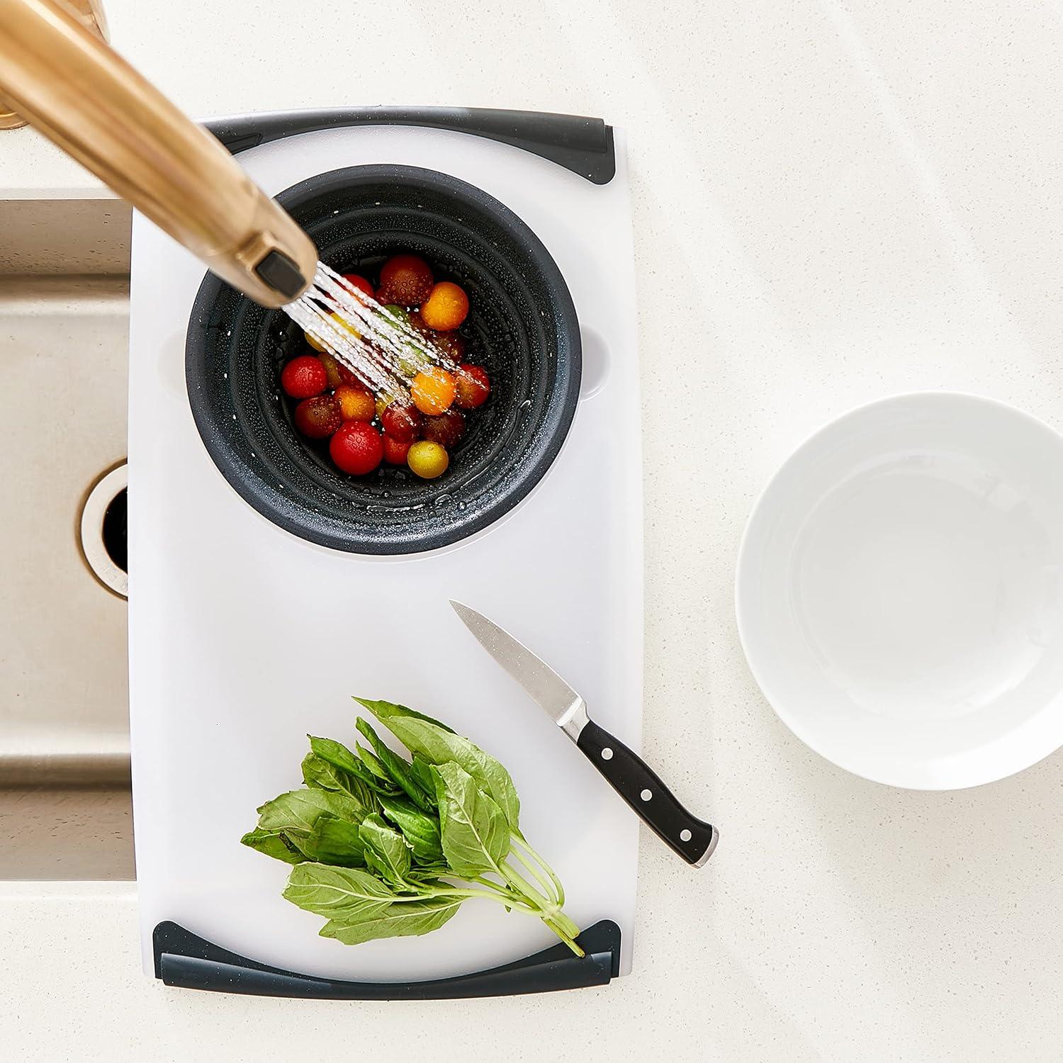 Rectangular White and Gray Poly Cutting Board with Collapsible Strainer