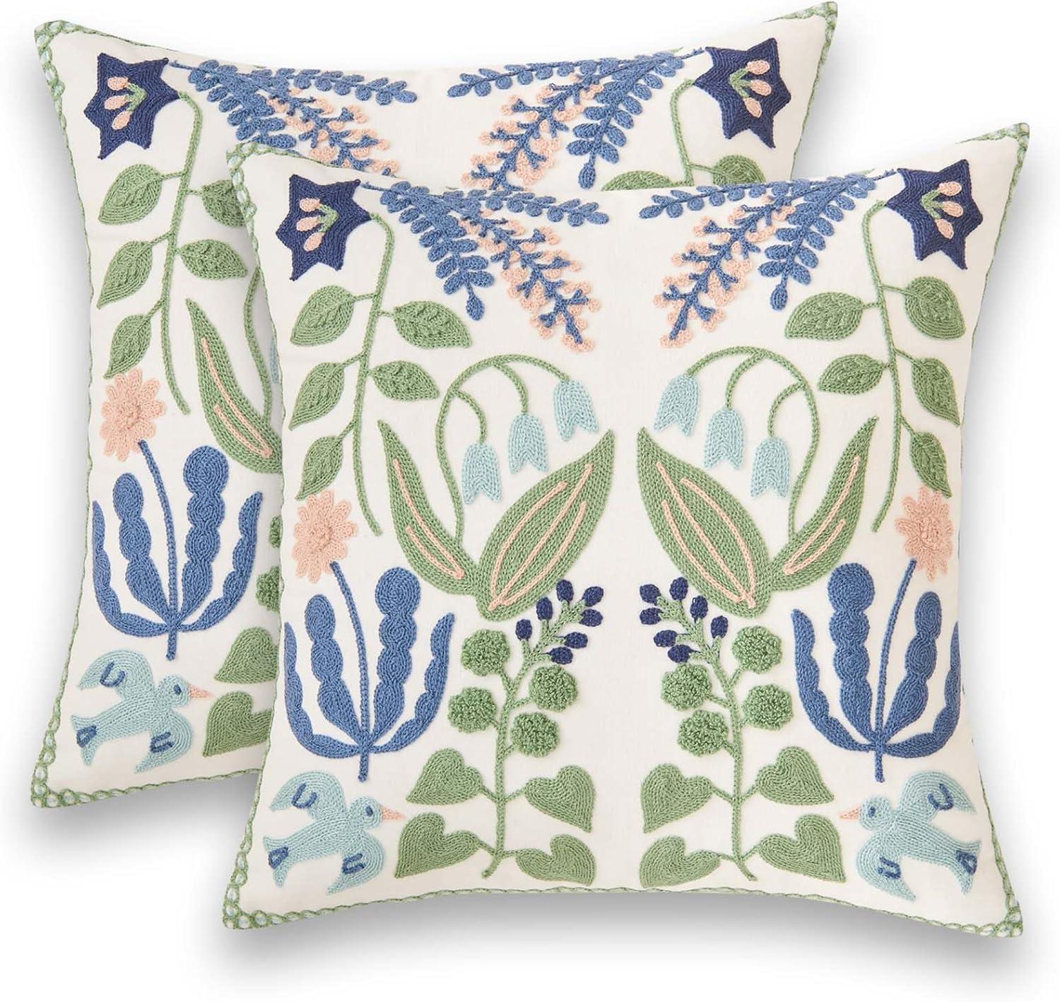 Navy and Green Floral Embroidered Cotton Euro Pillow Covers