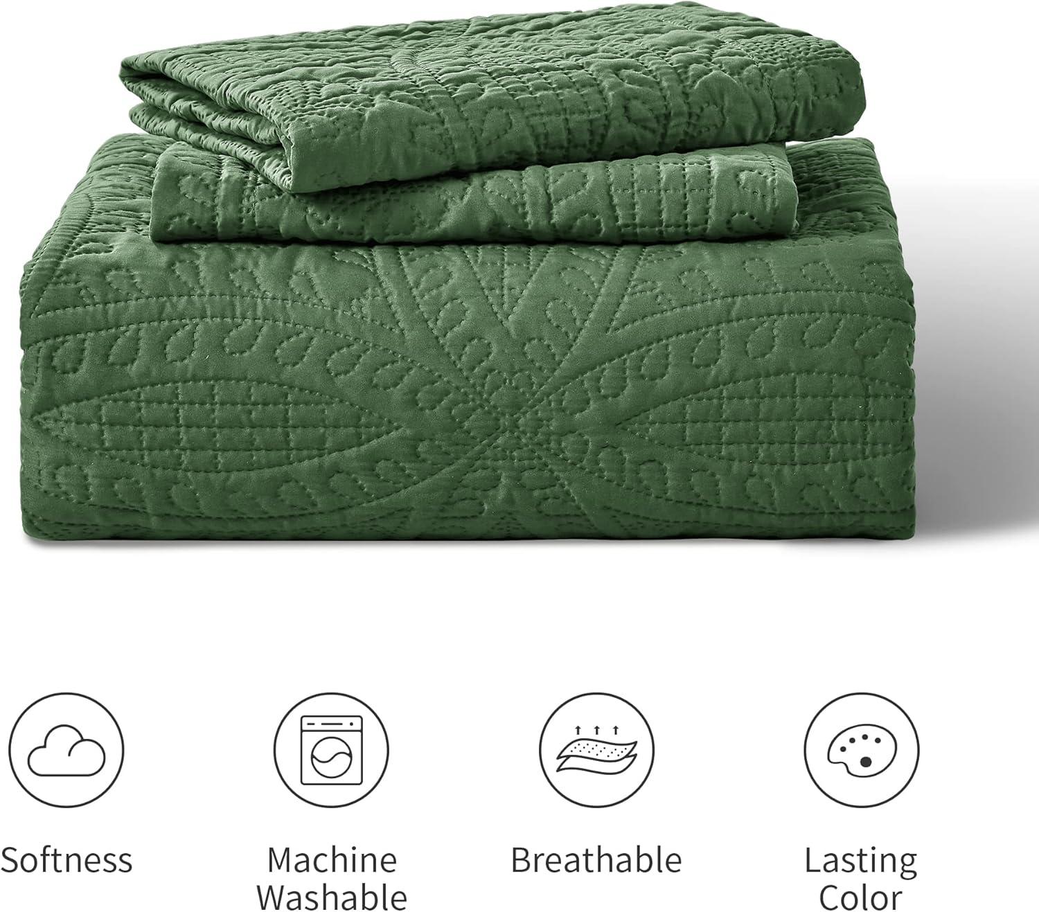 akkialla Queen Quilt Bedding Set,Olive Green Ultrasonic Full/Queen Quilt Set,Lightweight Soft Bedspread Coverlet,Modern Style Coin Pattern Bed Cover for All Seasons,3 Piece(1 Quilt,2 Pillow Shams)