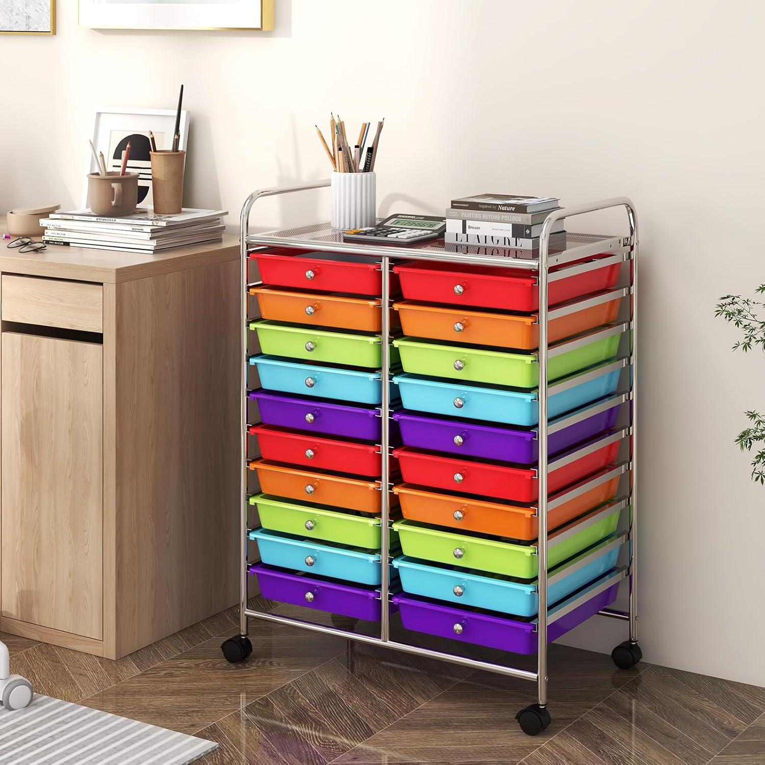 20-Drawer Organizer Cart Tools, Mobile Utility Storage Cart with Detachable Drawers & Lockable Wheels, Rolling Storage Cart with wheels for Home Office School(Multicolor)