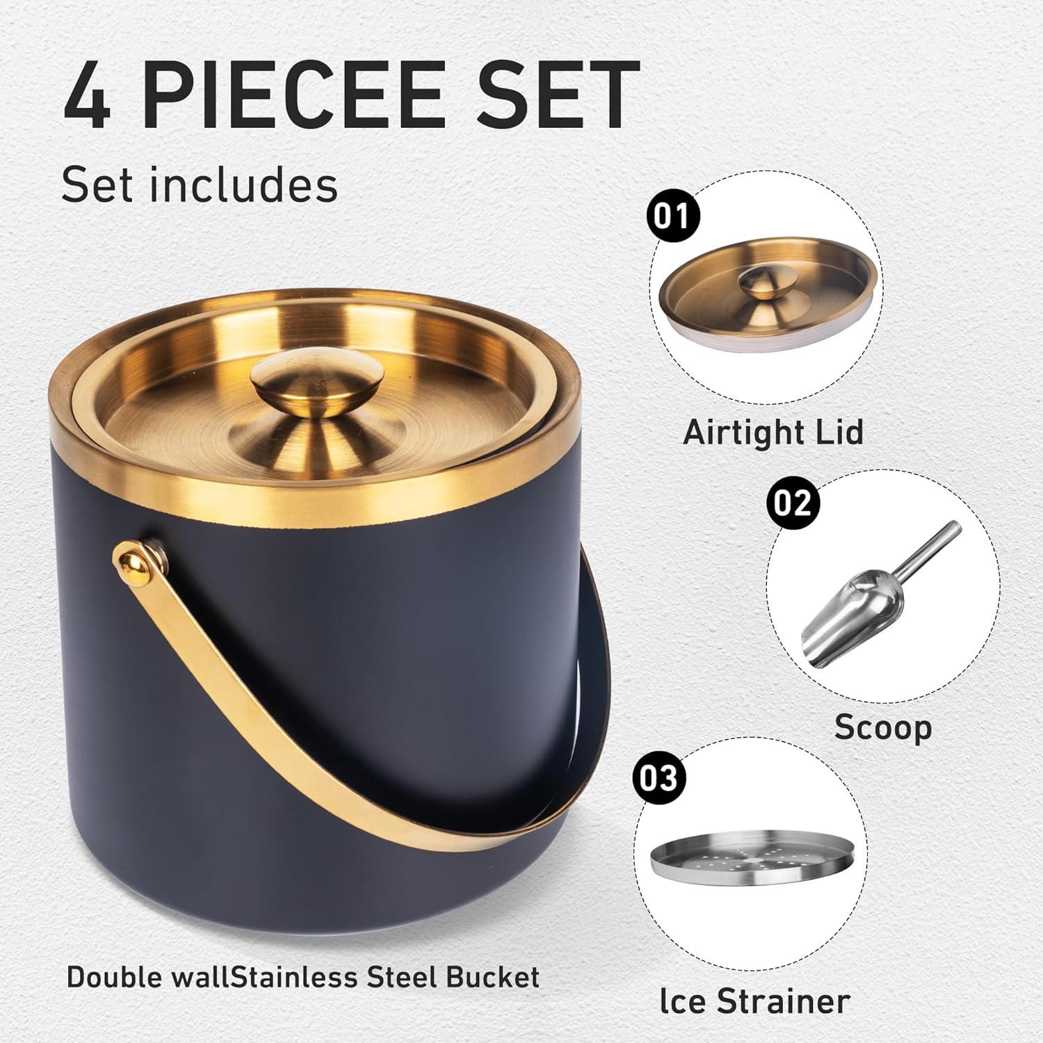 3L Double Wall Insulated Stainless Steel Ice Bucket with scoop for Cocktail Bar,Metal Ice Bucket for freezer with Lid for parties.ice Container to Keep Ice Colder,bar cart accessories(black)