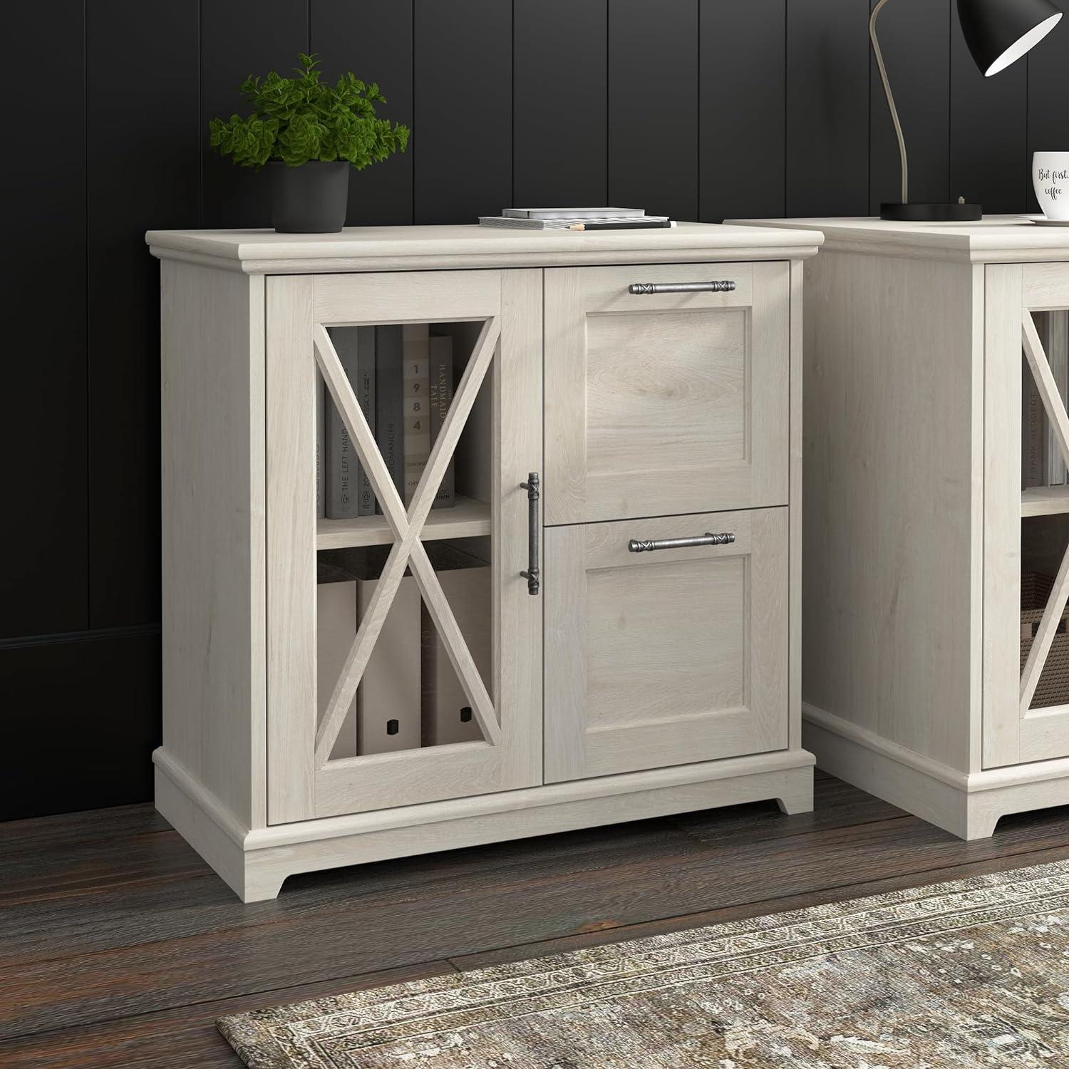 Bush Furniture Lennox Farmhouse 2 Drawer Lateral File Cabinet with Shelves in Linen White Oak