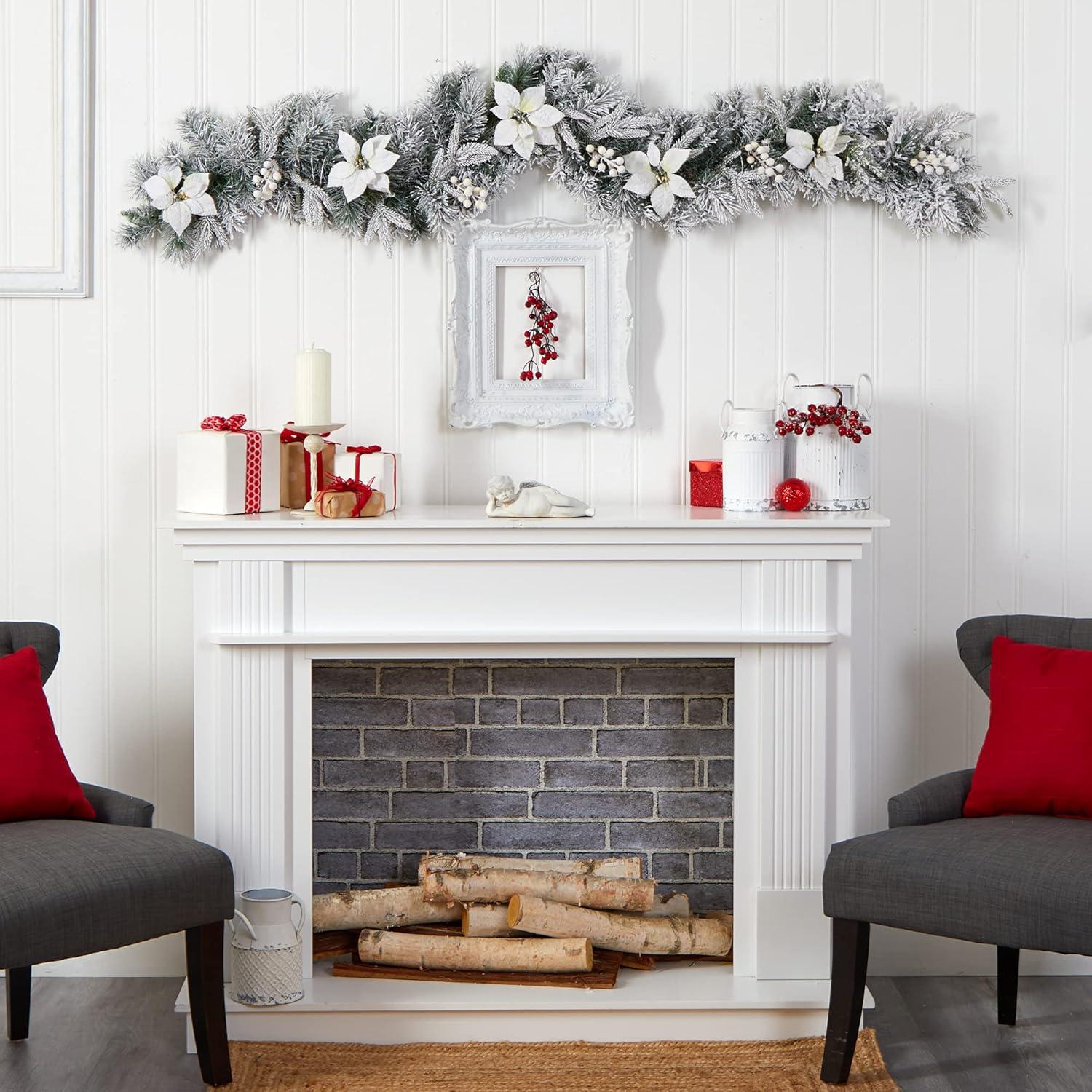 6ft Flocked White Poinsettia and Berry Artificial Christmas Garland with LED Lights