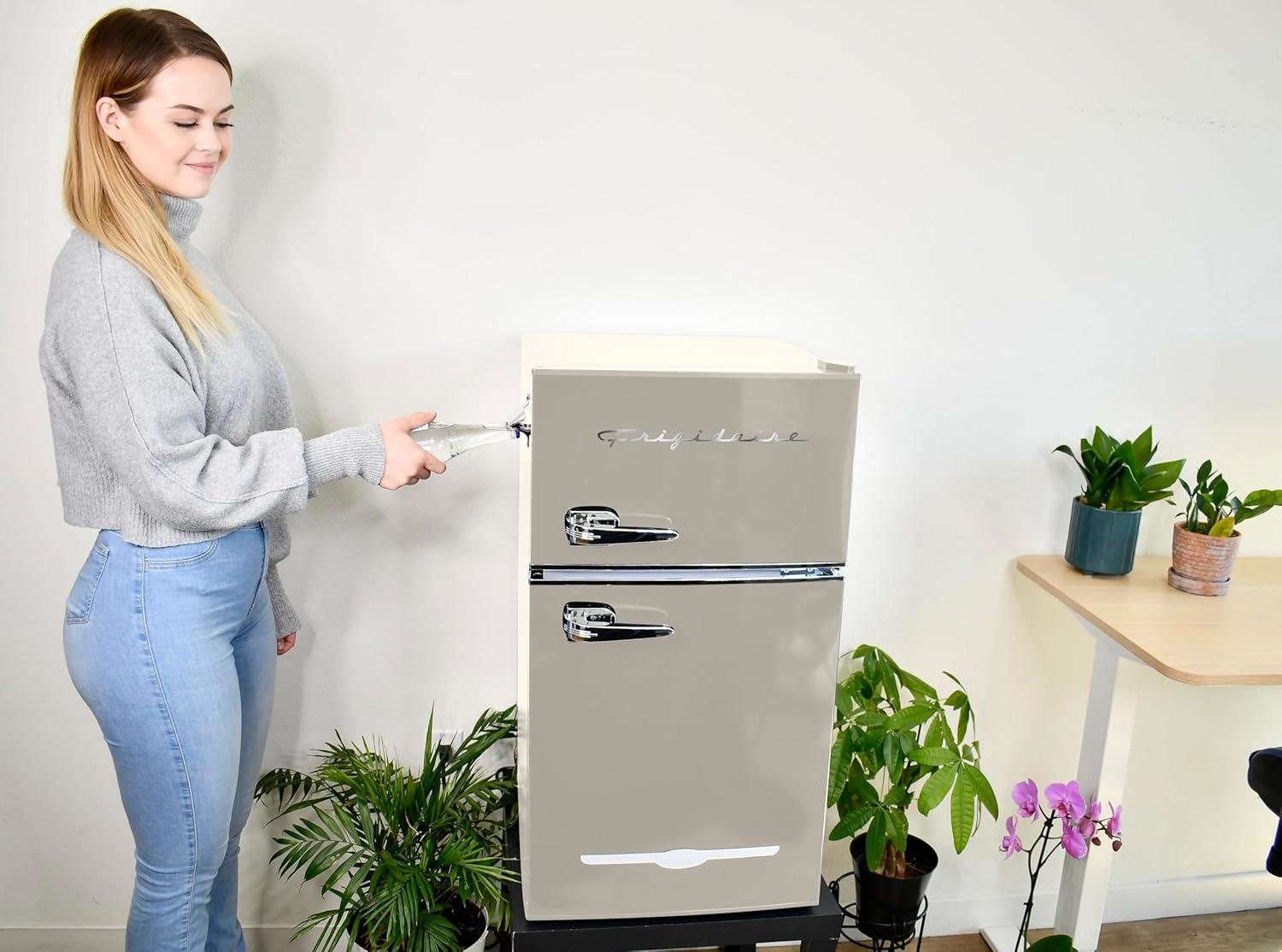 Frigidaire 3.2 cu ft 2 Door Retro Fridge w Side Bottle Opener Cream: Compact Mini Refrigerator, Model EFR840-CREAM