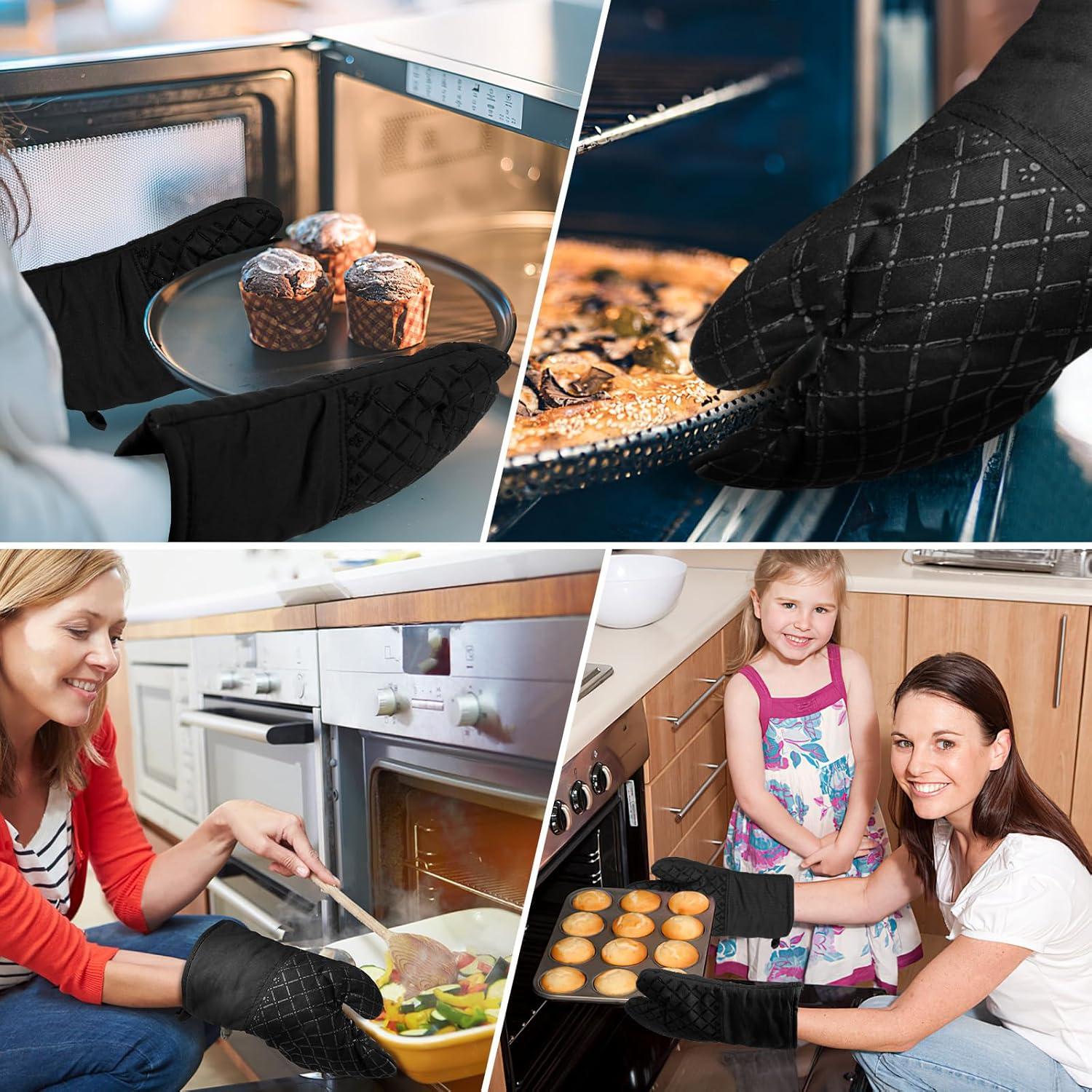 2PCS Oven Mitts and Pot Holders Sets 500°F Pot Holders for Kitchen Heat Resistant Oven Gloves Anti-Slip Silicone Stripe Oven Mitts Heat Resistant Hot Pads Oven Mits Potholders for Kitchens (Black)