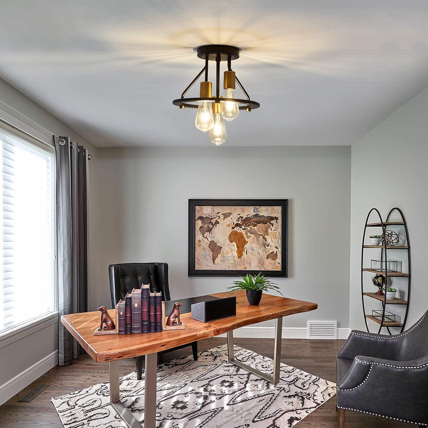 Matte Black and Gold Industrial Semi Flush Mount Ceiling Light