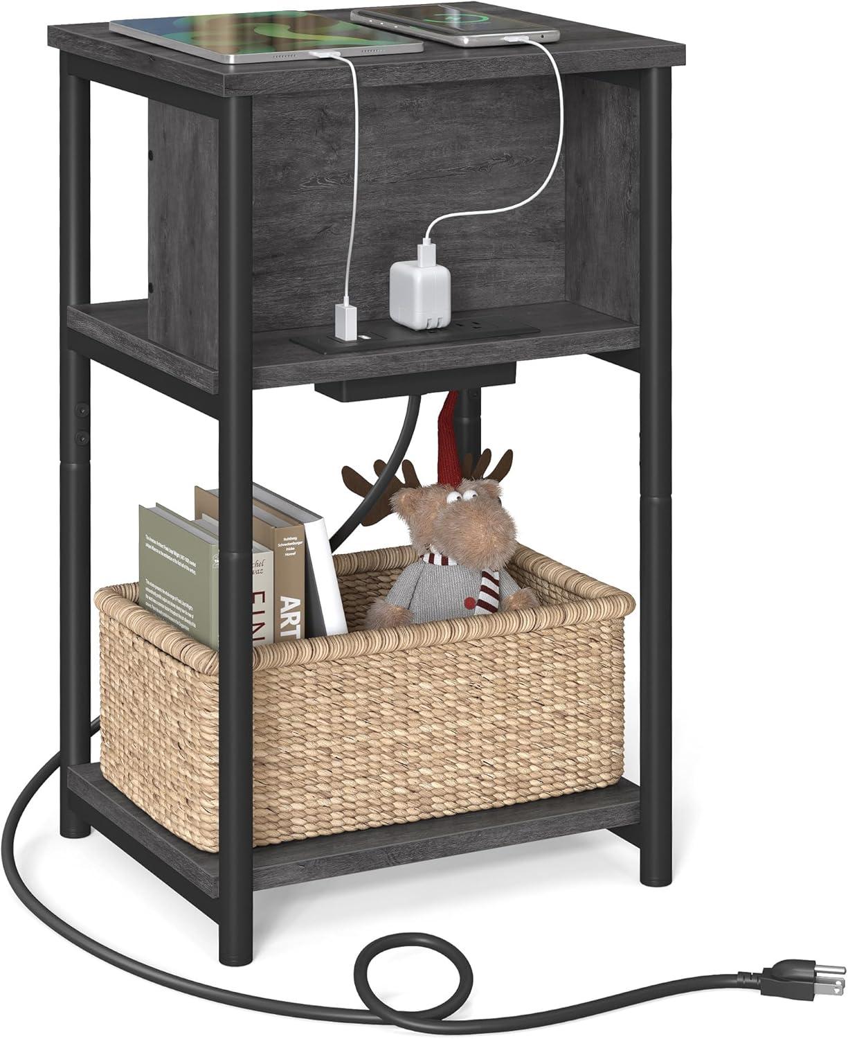 Misty Gray and Black 3-Tier Side Table with Charging Station