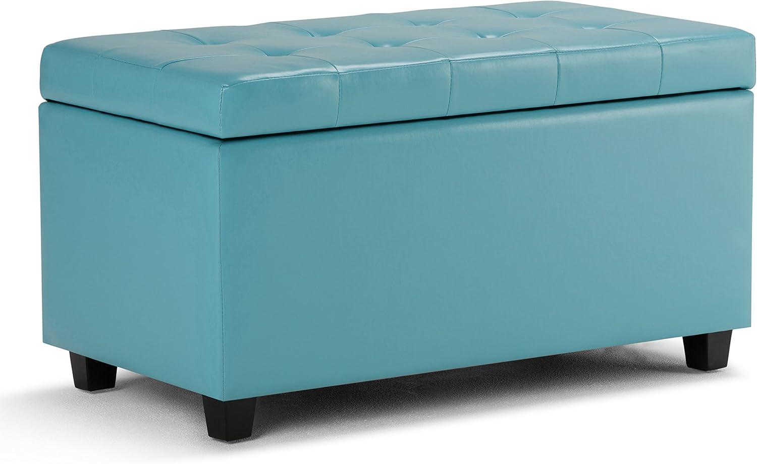 Cosmopolitan 34 inch Wide Rectangle Storage Ottoman in Soft Blue Faux Leather