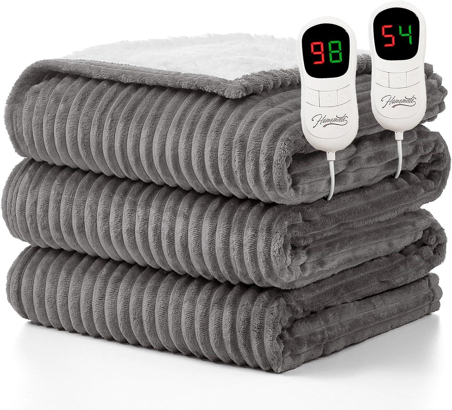 Homemate Electric Blanket Queen Size - 84"x90" Heated Blanket Queen Size 1/2/4/6/8 Hours Auto-Off 10 Heat Levels Over-Heat Protection Soft Flannel Sherpa Queen ETL Certification