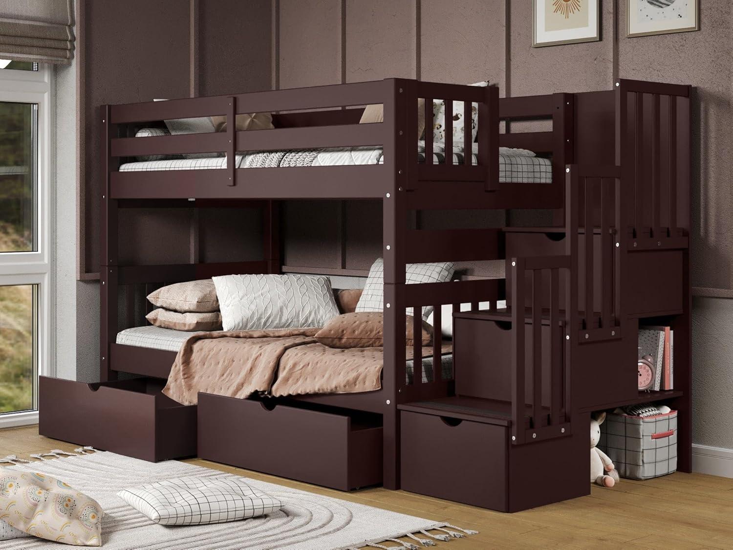 Bedz King Stairway Bunk Beds Twin over Twin with 3 Drawers in the Steps and 2 Under Bed Drawers, Dark Cherry