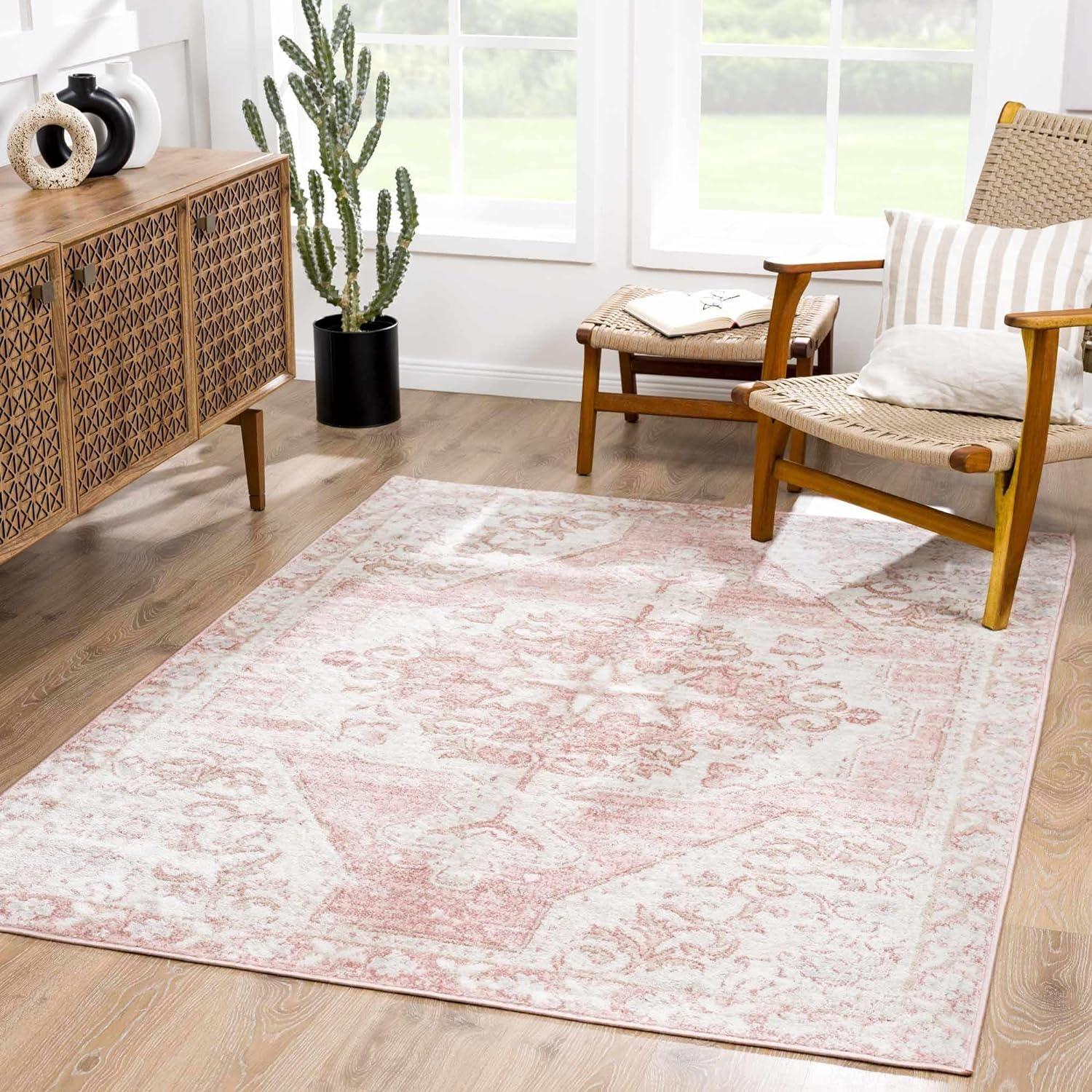 BoutiqueRugs Blush & Light Pink Collection Snead Bohemian Oriental Medallion Large Area Rug - Traditional Floral Carpet for Living Room - Blush, Pale Pink, Cream - 7'10" x 9'6" (8x10 Area Rug)