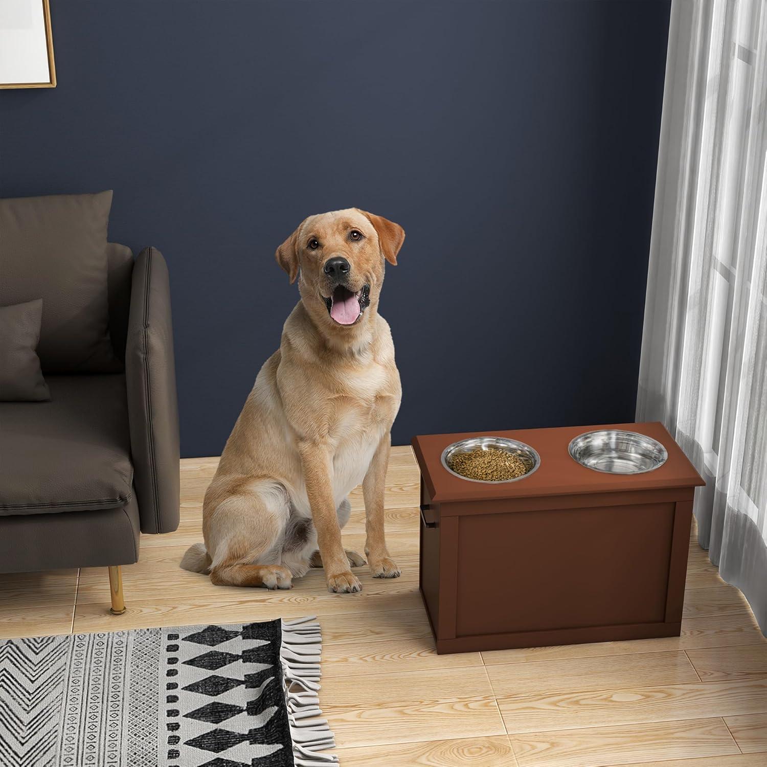 Brown Elevated Pet Feeding Station with Stainless Steel Bowls