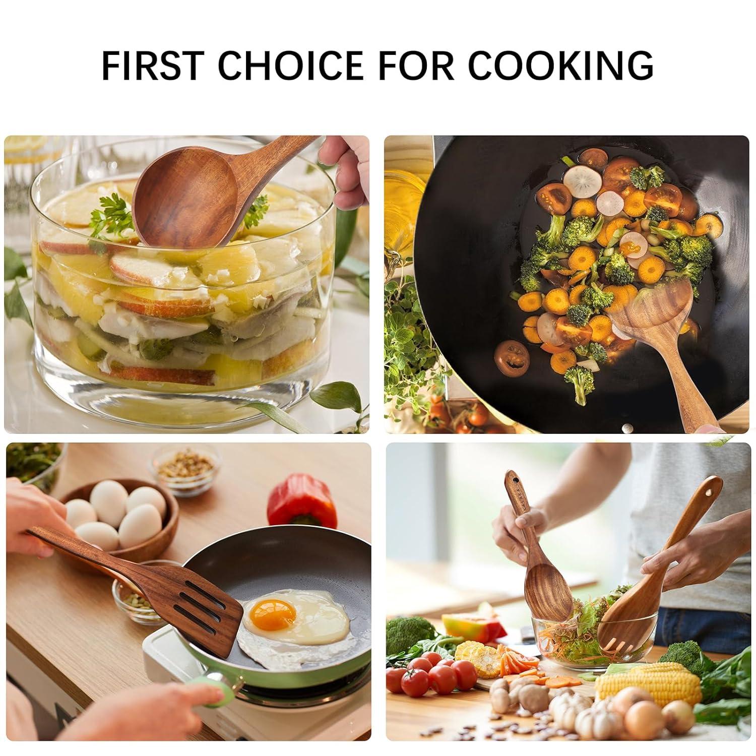 Wooden Spoons for Cooking,10 Pcs Natural Teak Wooden Kitchen Utensils Set Wooden Utensils for Cooking Wooden Cooking Utensils Wooden Spatulas for Cooking