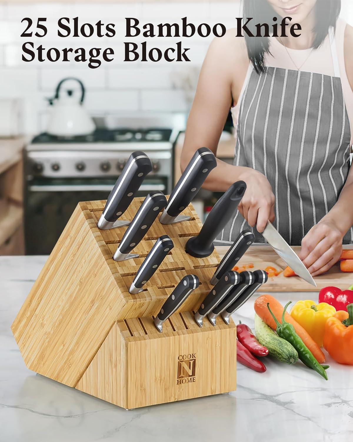 Cook N Home Bamboo Knife Storage Block without Knives, 25 Slots Universal Knife Holder Countertop Butcher Block Knife Stand for Easy Kitchen Storage