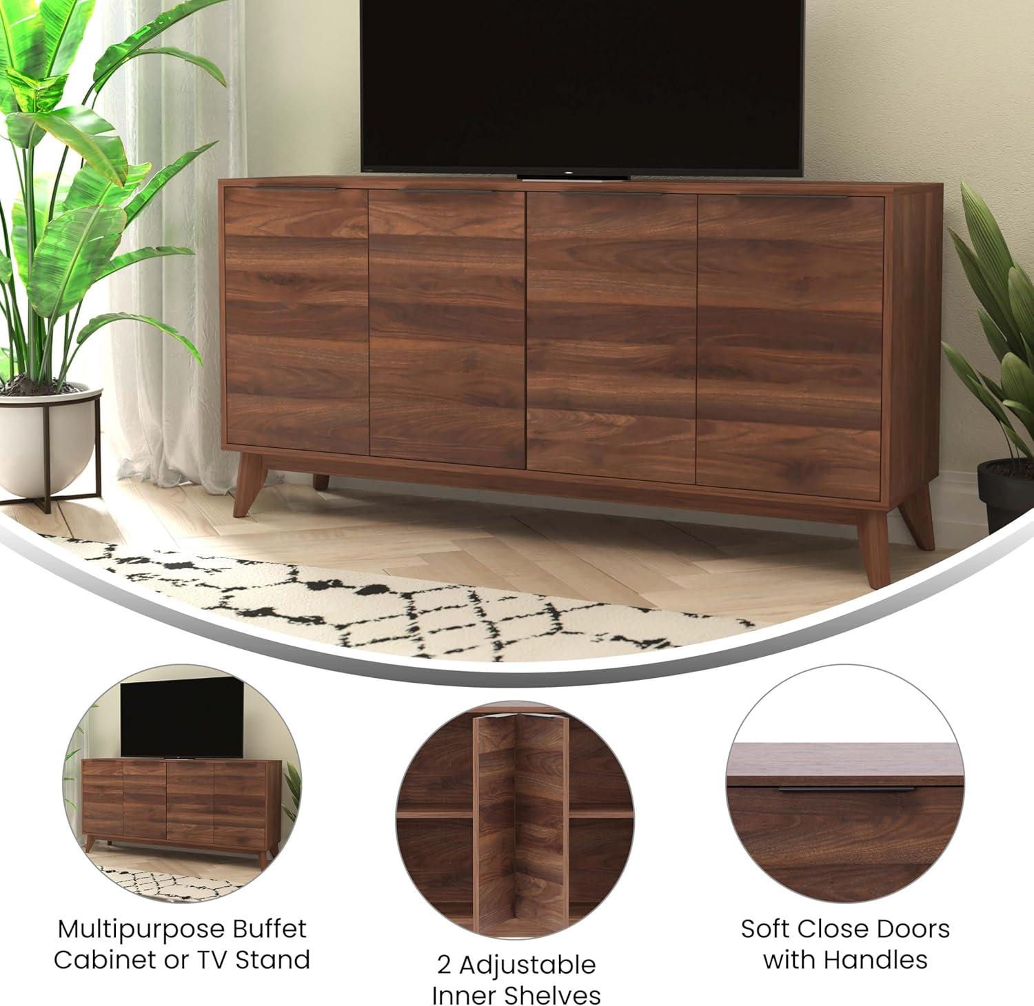Flash Furniture 60" Buffet Cabinet with 4 Soft Close Doors and Adjustable Shelves - Dark Walnut