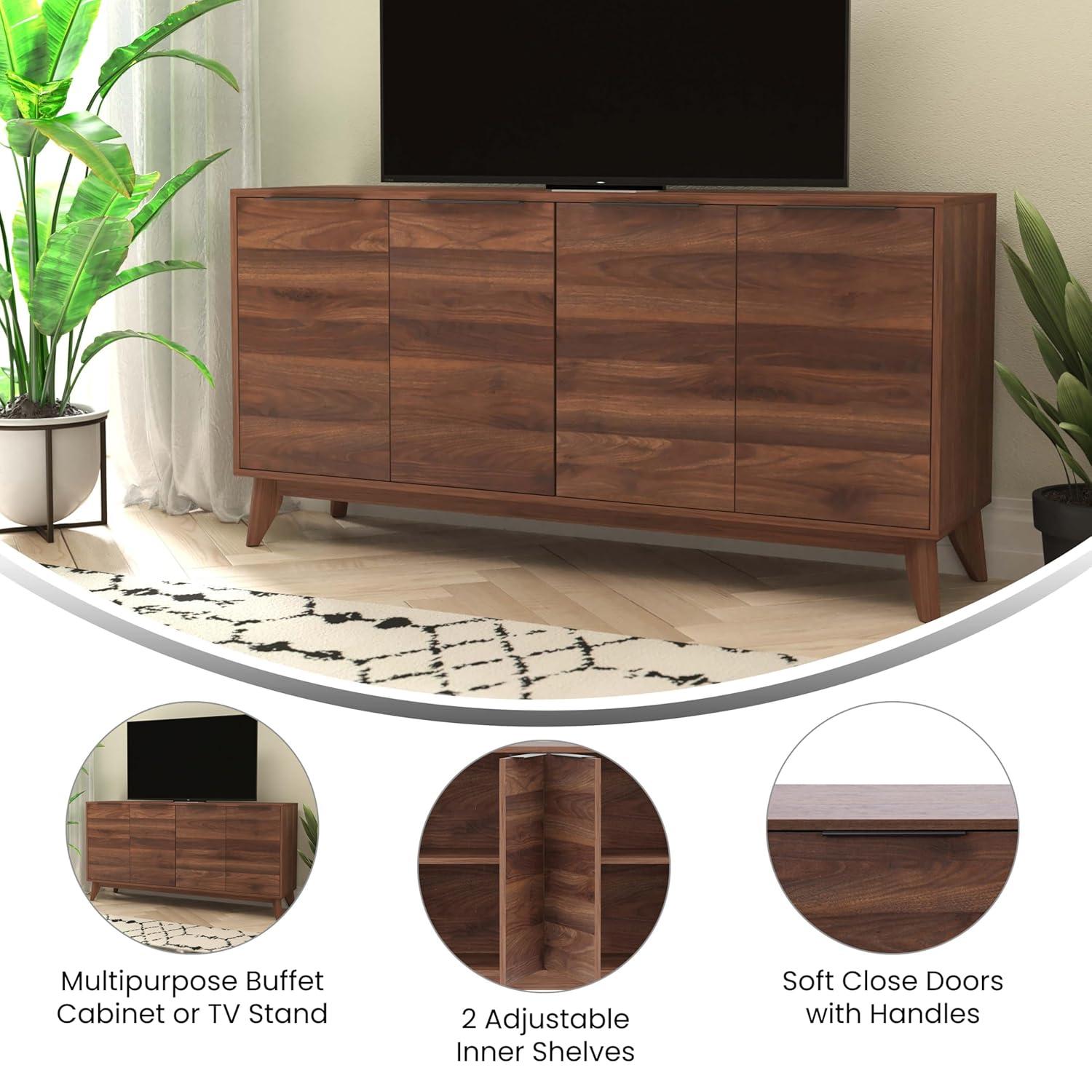 Flash Furniture 60" Buffet Cabinet with 4 Soft Close Doors and Adjustable Shelves - Dark Walnut