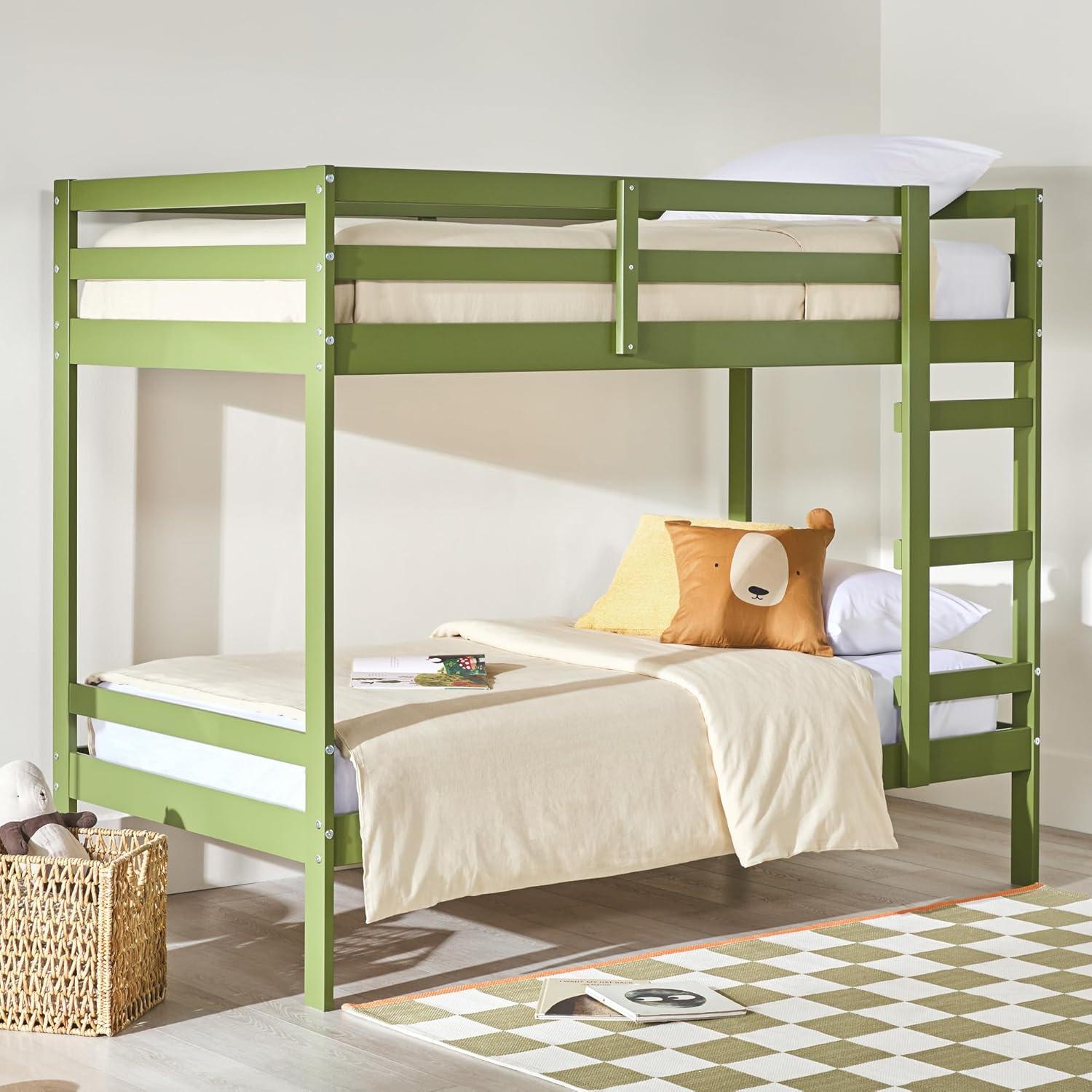 Olive Green Twin Over Twin Pine Wood Bunk Bed with Drawer