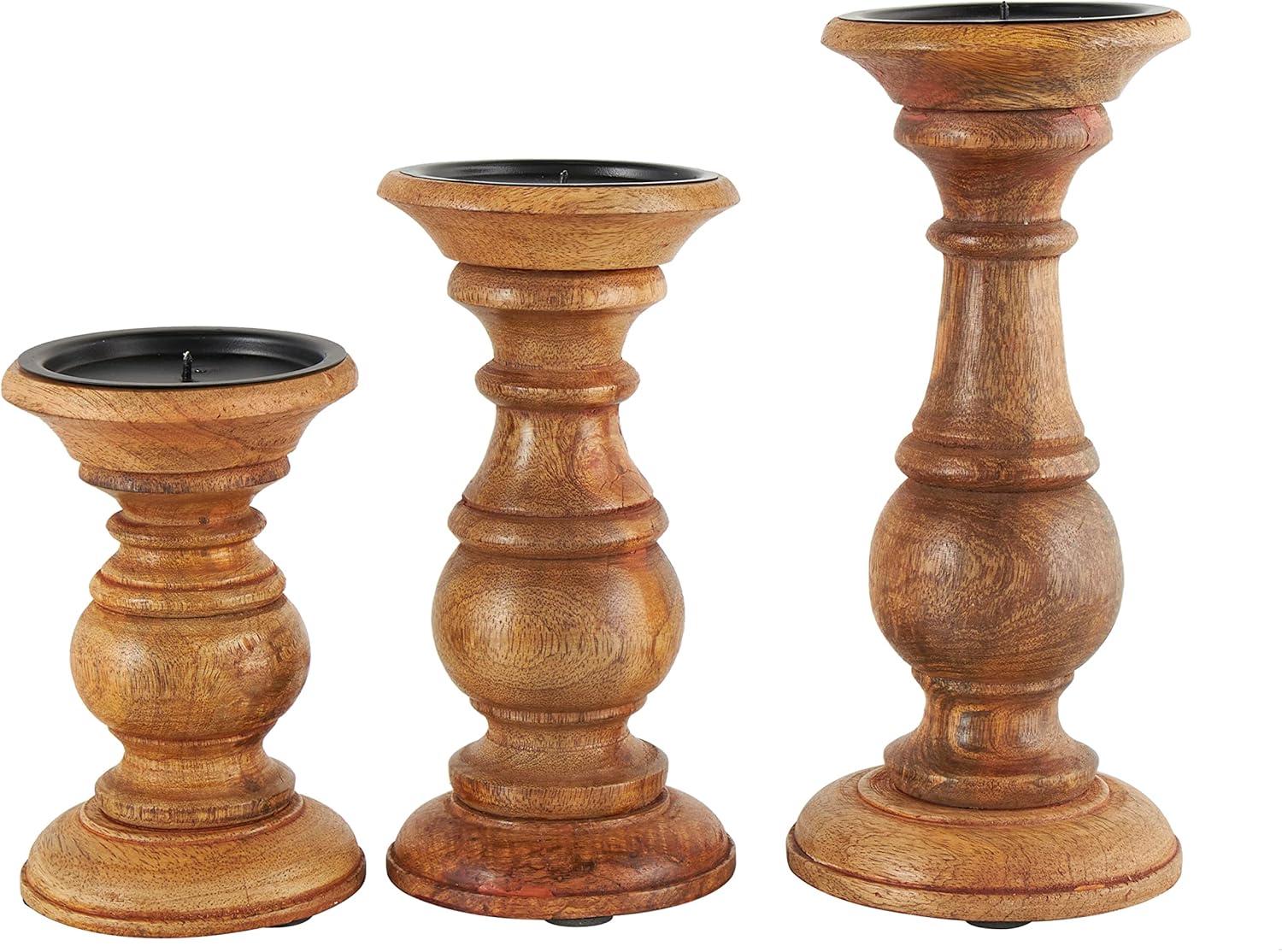 DecMode Traditional and Timeless Mango Wood Pillar Candle Holder Set of 3, 4", 8", 10"H, Brown Finish