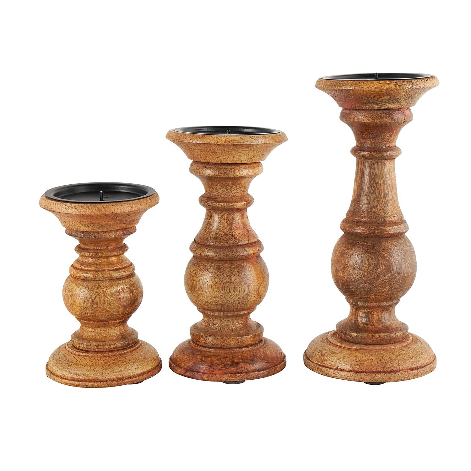 DecMode Traditional and Timeless Mango Wood Pillar Candle Holder Set of 3, 4", 8", 10"H, Brown Finish