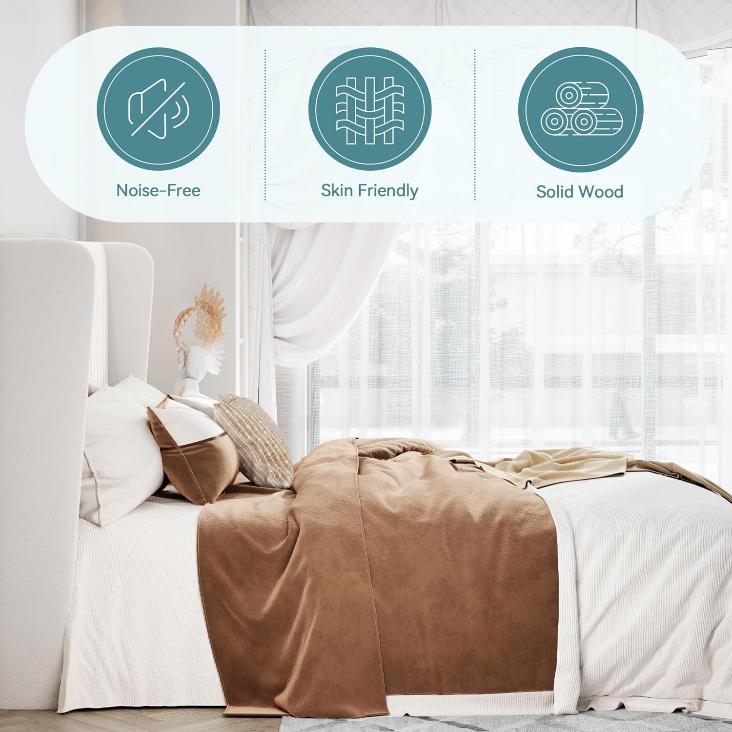 SHA CERLIN Queen Size Velvet Bed Frame with Vertical Channel Tufted Wingback Headboard, Upholstered Platform Bed with Wood Slats, No Box Spring Needed, Easy Assembly, White