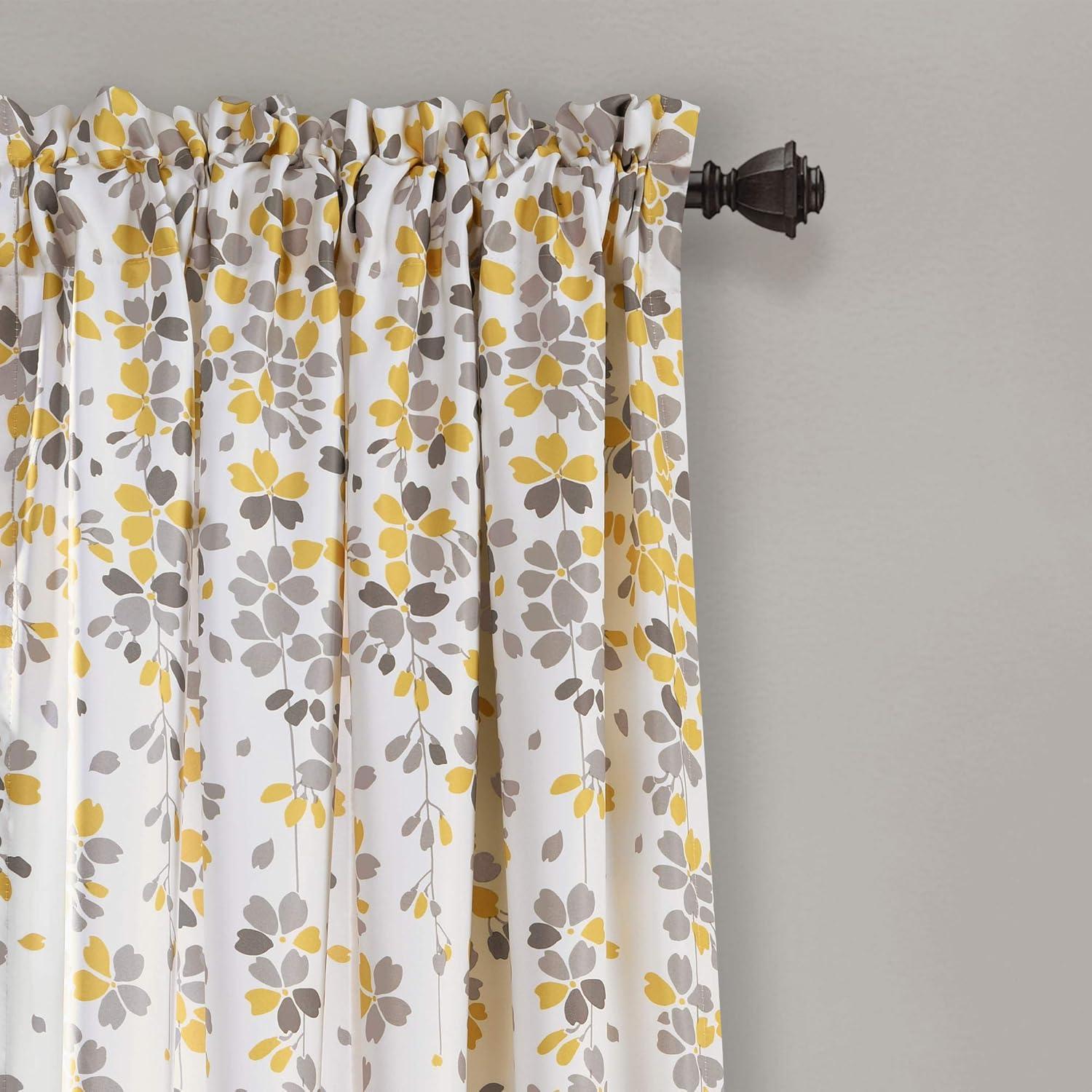 Yellow and Gray Floral Print Room Darkening Curtain Panels, 84" x 52"