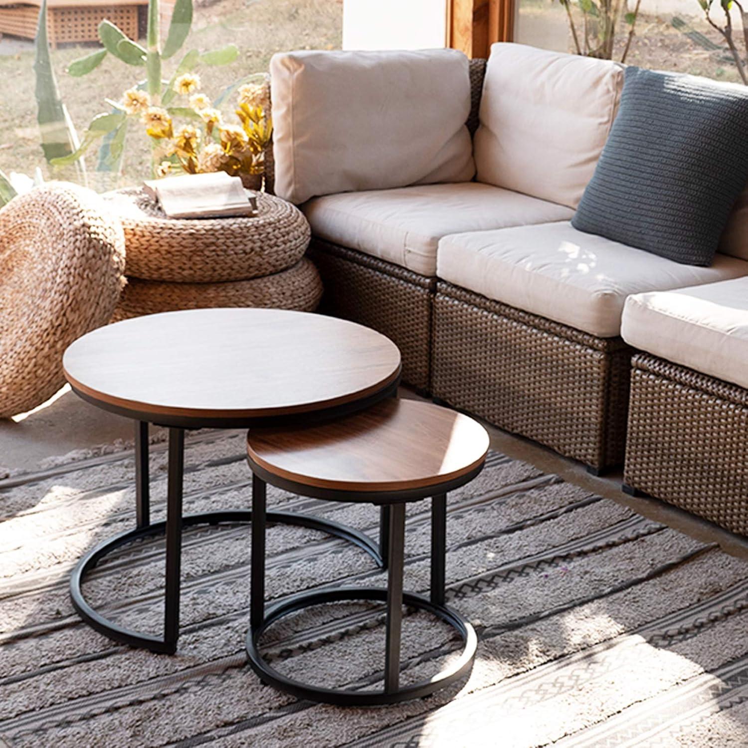 Round Wood Nesting Coffee Table Set with Metal Frame