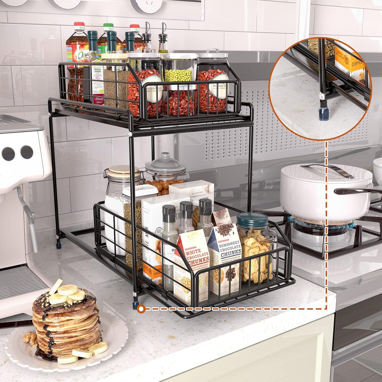 Rebrilliant Under Sink Organizer, 2 Tier Under Sink Organizers And Storage, Metal Slide Out Pull Out Cabinet Organizer ,2 Pack Sliding Drawer Organizer For Kitchen Bathroom Pantry