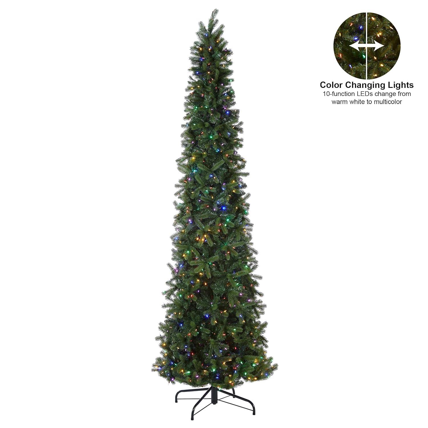 12' Prelit Pencil Slim Feel Real Downswept Douglas Fir Artificial Christmas Tree Dual Color Lights - National Tree Company